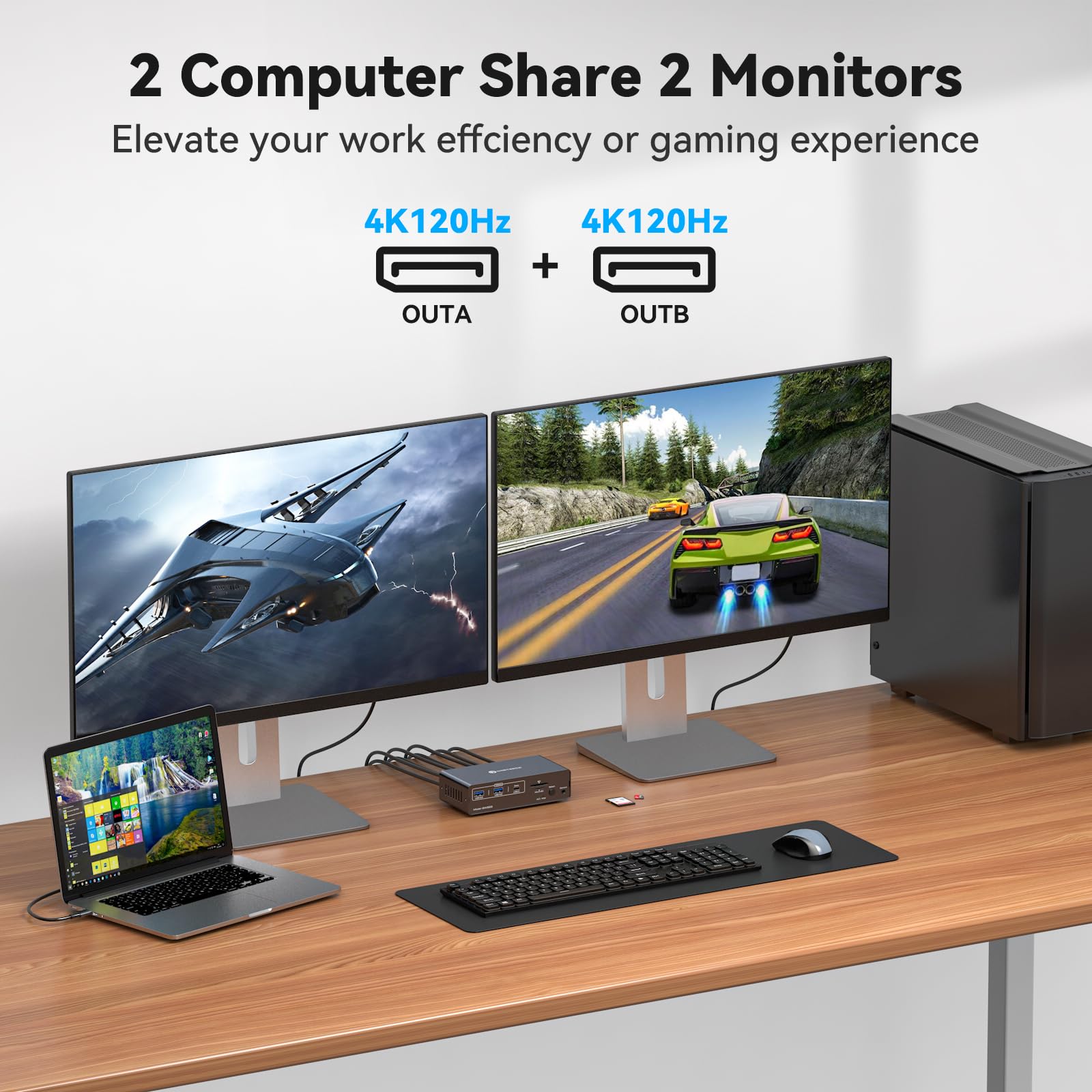 4K 120Hz USB C KVM Switch - Dual Monitor KVM Docking Station for Laptop & Desktop, 13-in-1 Dock with DisplayPort - Perfect for Home Office, Gaming & Multi-Tasking Workspaces