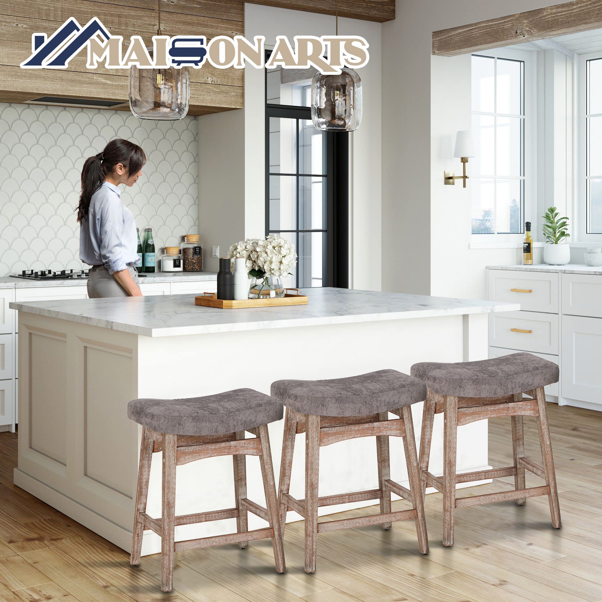 MAISON ARTS Set of 4 Farmhouse Counter Height Bar Stools - 24 Inch Solid Wood Legs with Grey Fabric Upholstered Saddle Seat for 34