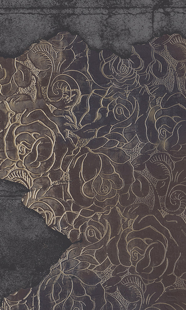 Dark Plum Floral Engraved Concrete Mural Wallpaper M9562 - Elegant Peel and Stick Wallpaper for Living Room, Bedroom, and Office Decor