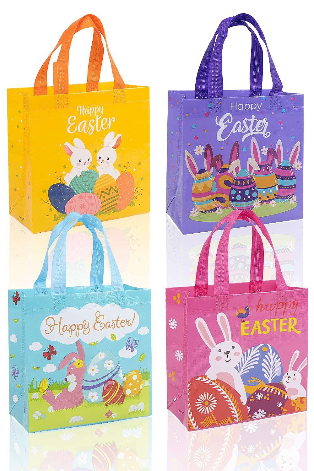 4-Pack Easter Non-Woven Reusable Tote Bags with Handles - Bunny Rabbit Themed Easter Party Favor Bags for Kids - Includes 20 Fun Temporary Tattoos - Perfect for Easter Egg Hunts, Classroom Treats & Spring Celebrations