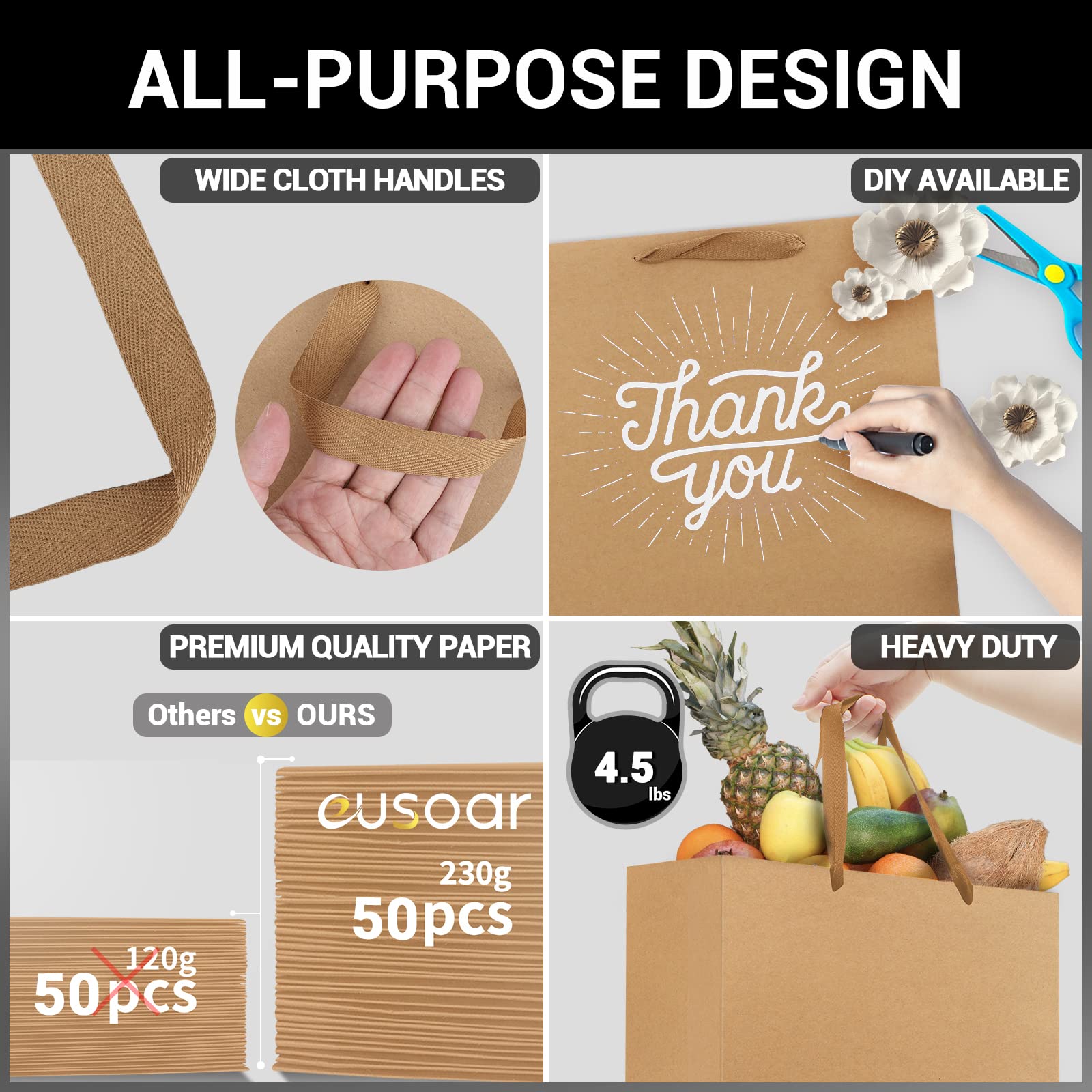 EUSOAR 50pcs Kraft Paper Gift Bags with Ribbon Handles - 8.6