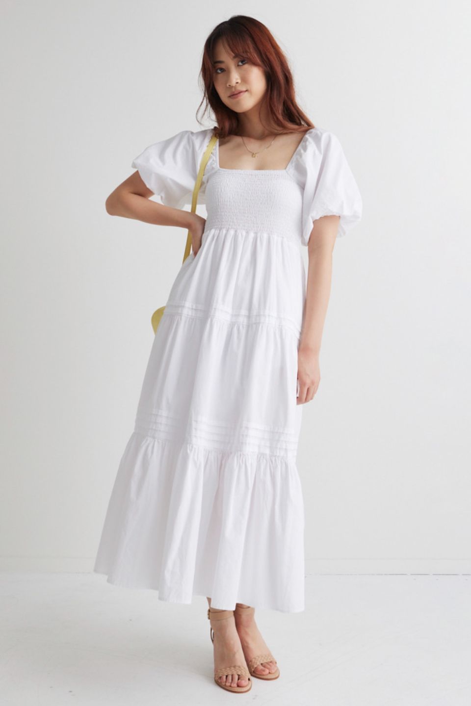 Elegant White Square Neck Bubble Sleeve Pleated Tiered Midi Dress for Women | Summer Wedding Guest Dress, Garden Party Outfit & Casual Date Night Attire