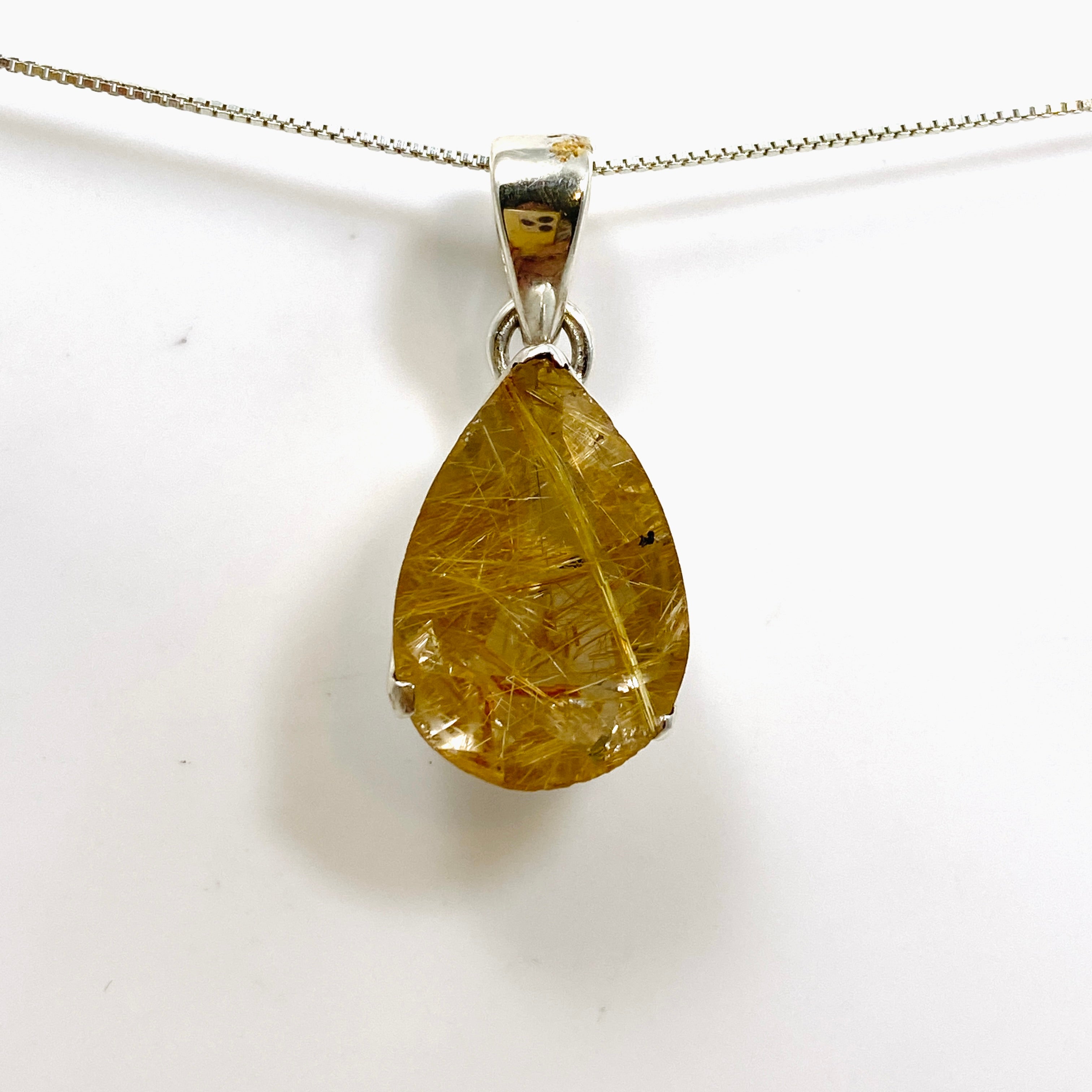 Golden Rutile Quartz Teardrop Faceted Pendant Necklace - Natural Gemstone Jewelry for Women - Perfect for Gifts, Meditation & Spiritual Healing