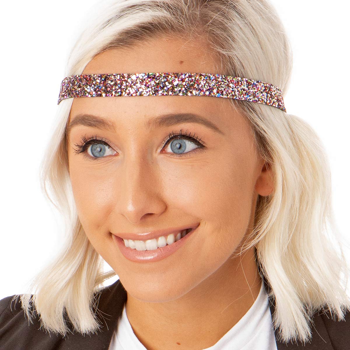 Sparkly Bling Adjustable No-Slip Headbands for Women, Girls & Teens - 2 Pack Mixed Glitter Confetti Style - Perfect for Sports, Workouts, Parties & Everyday Wear