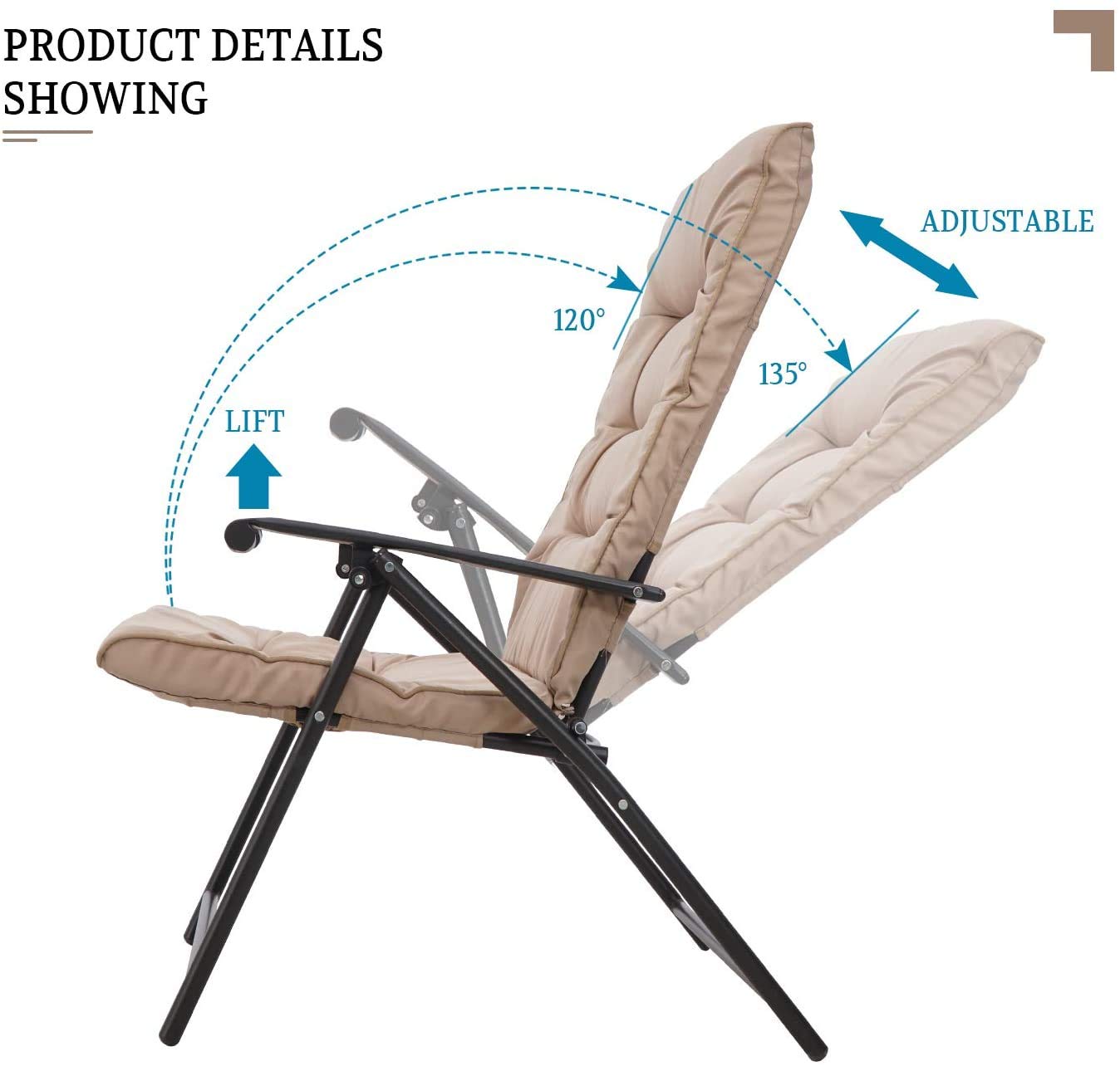 3-Piece Patio Folding Bistro Set - Outdoor Metal Adjustable Recliner Furniture with 2 Foldable Padded Chairs & Coffee Table - Perfect for Balcony, Backyard, Porch, Garden & Poolside (Beige)