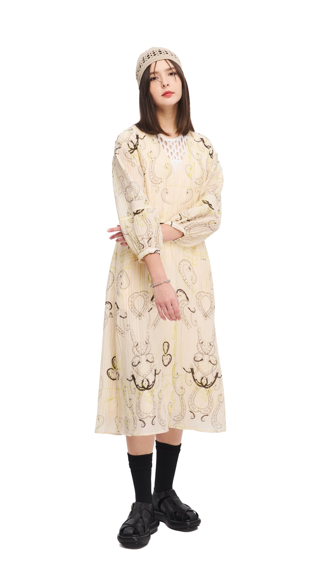 French Curve Ruler Print Puff Sleeves Dress - Elegant Floral Pattern Summer Dress for Women, Perfect for Casual Outings, Beach Vacations and Date Nights