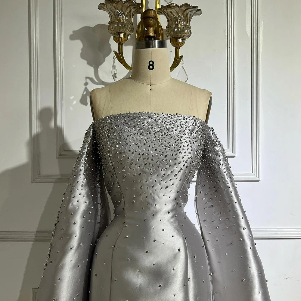 Luxury Dubai Off Shoulder A-Line Gray Satin Evening Gown with Pearl Beading - Elegant Formal Dress for Prom, Wedding & Gala Events LA72779