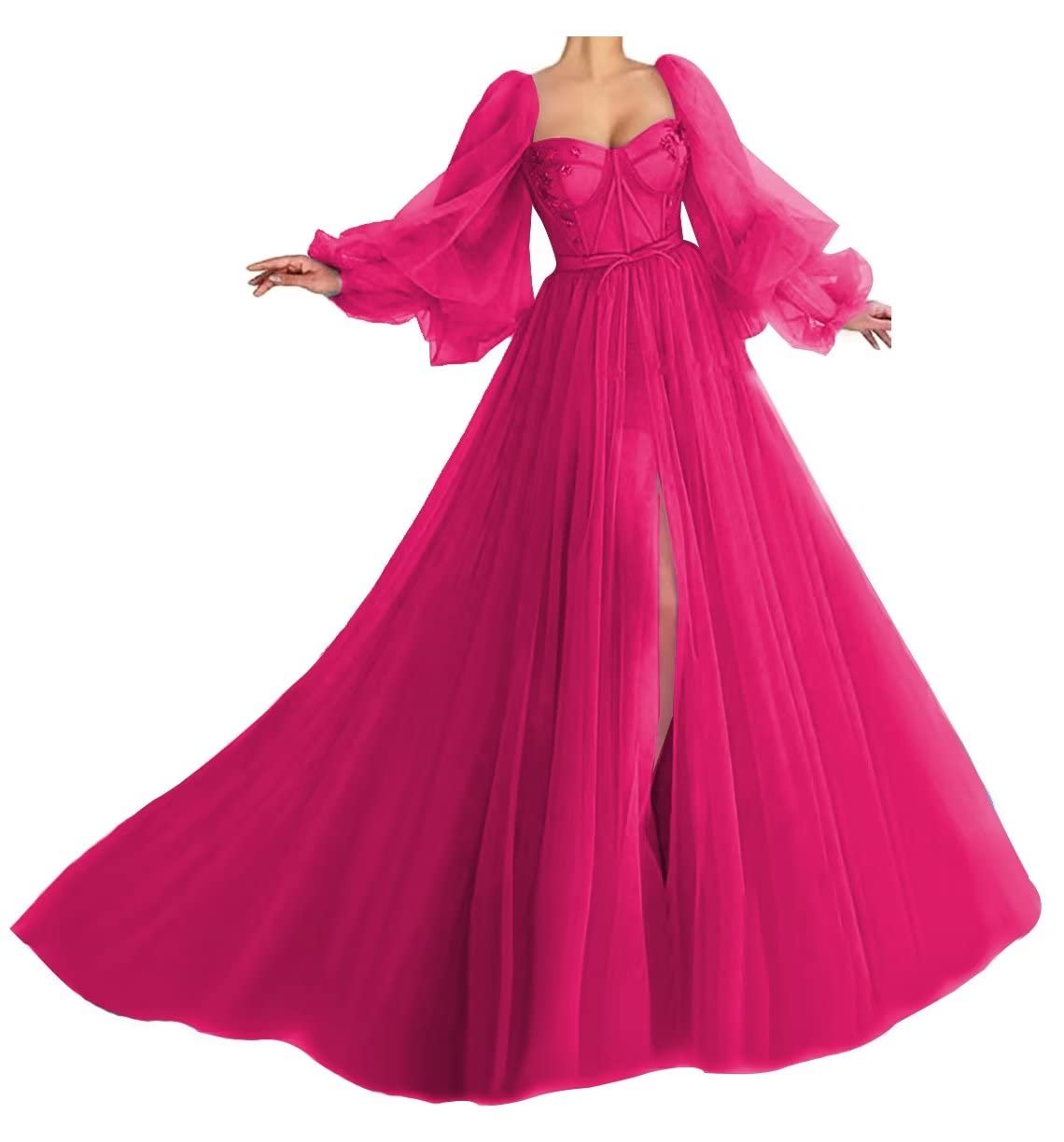 Elegant Hot Pink Ball Gown Prom Dress with Puffy Sleeves - Plus Size Tulle Formal Gown for Women (Size 16) | Perfect for Prom Night, Homecoming, Photoshoots & Special Occasions