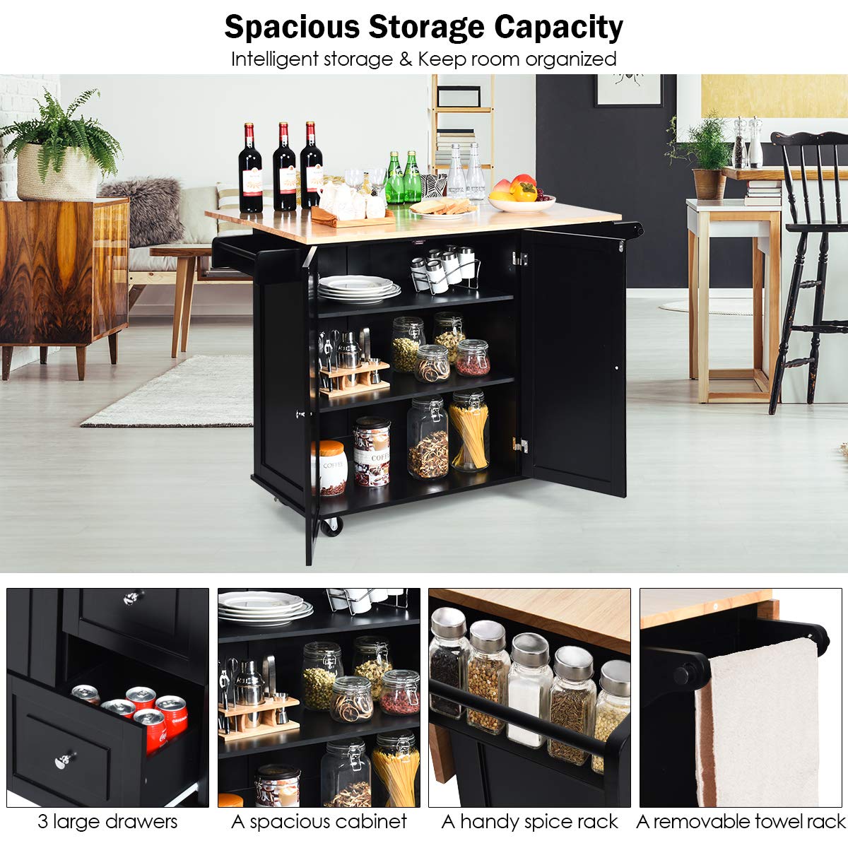 Giantex Kitchen Island Cart with Drop-Leaf Tabletop - Large Rolling Trolley with Cabinet, 3 Drawers & Towel Rack - Mobile Kitchen & Dining Organizer for Small Spaces, Meal Prep & Entertaining