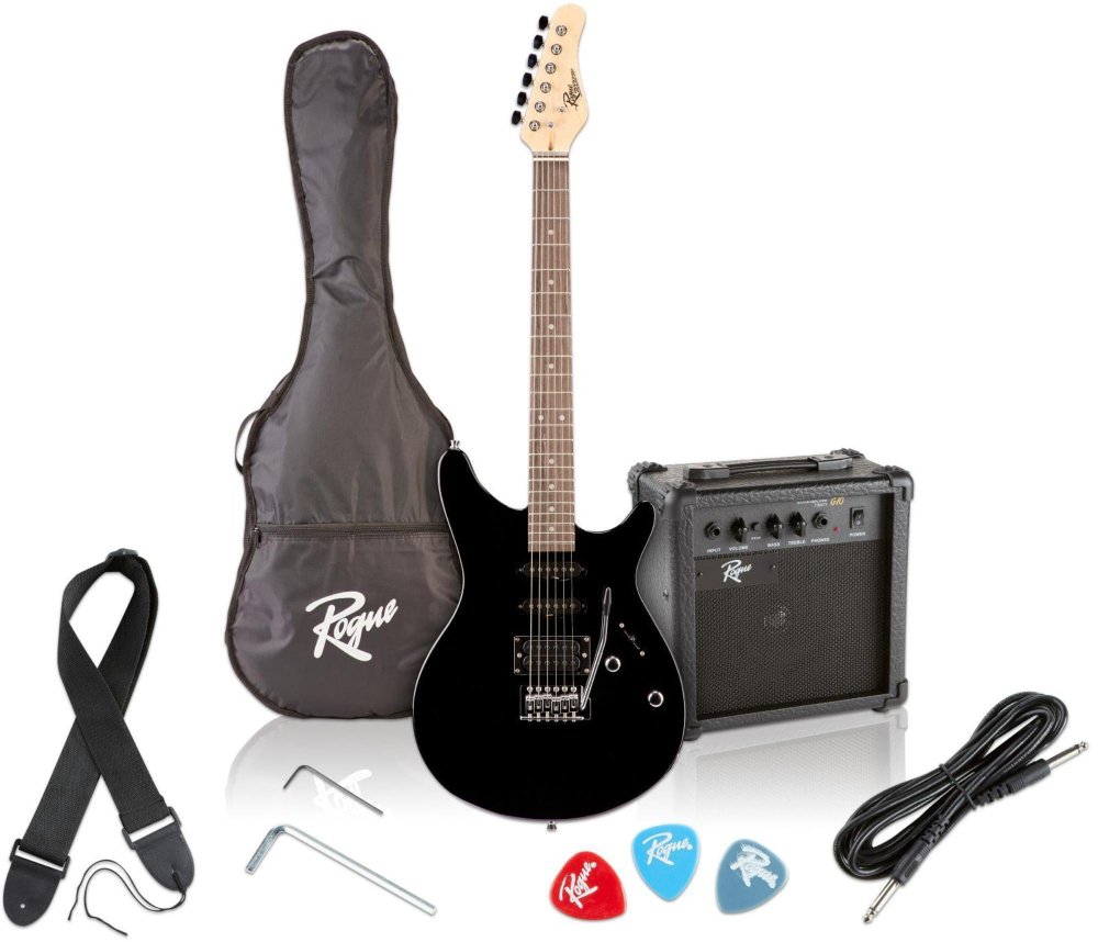 Rogue Rocketeer Electric Guitar Pack - Black | Complete Starter Kit with Amp, Strap, Picks & Cable | Perfect for Beginners, Practice & Live Performances
