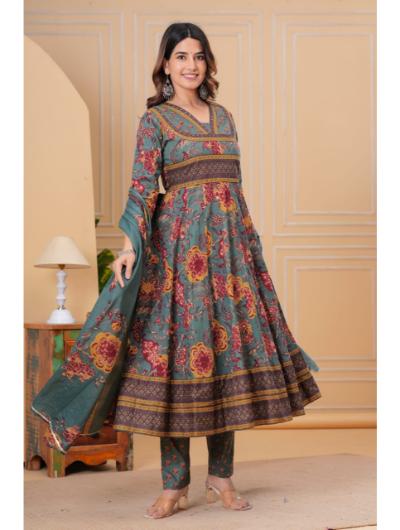 Teal Green Floral Cotton Anarkali Suit Set of 3 | Traditional Indian Kurti Dress for Women | Perfect for Weddings, Festivals & Special Occasions