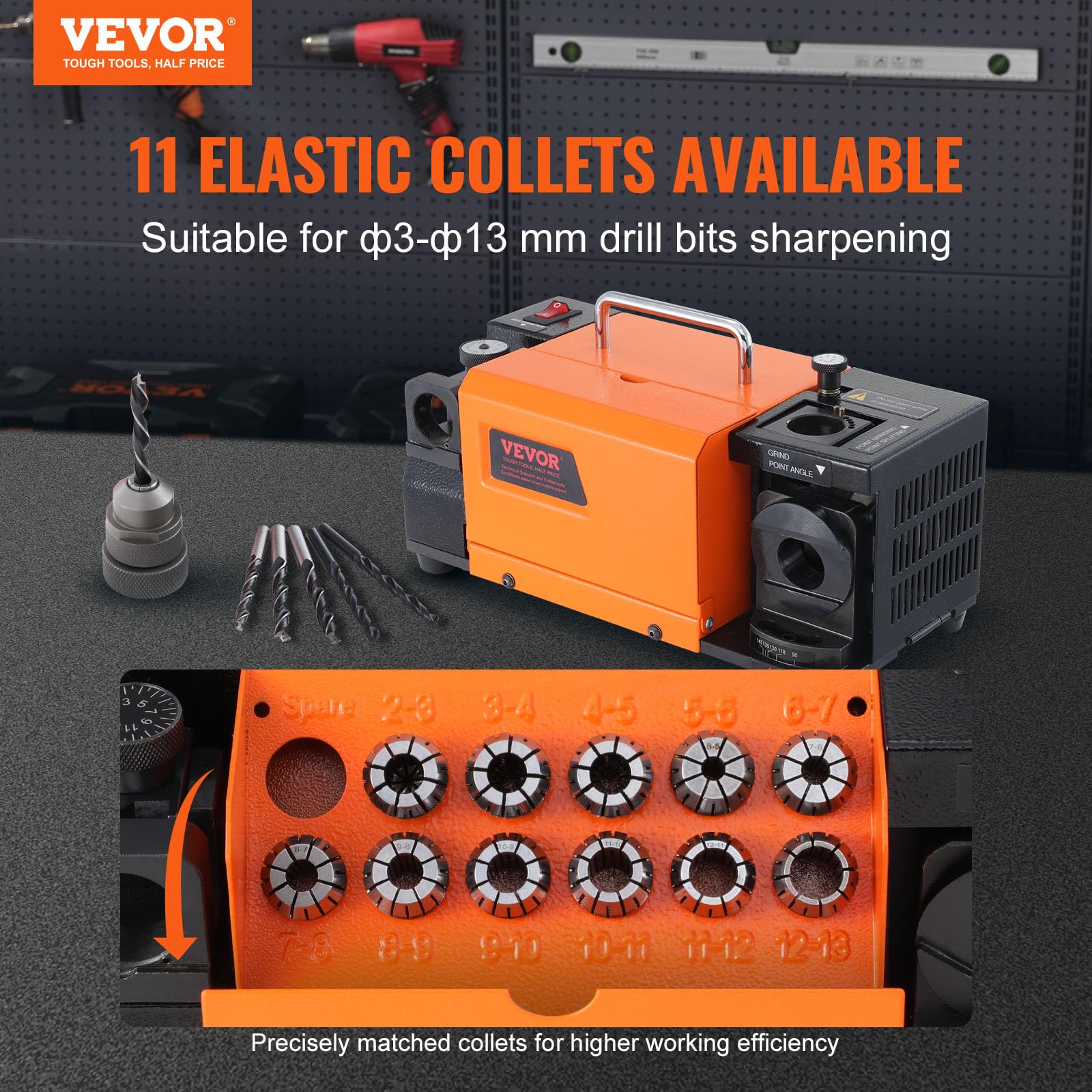 VEVOR MR-13A Drill Bit Sharpener - 3-13mm HSS Drill Bit Grinder with Adjustable 95°-135° Angle, 11 Collets & CBN Wheel | Portable Drill Bit Sharpening Machine for Woodworking, Metalworking & DIY Projects
