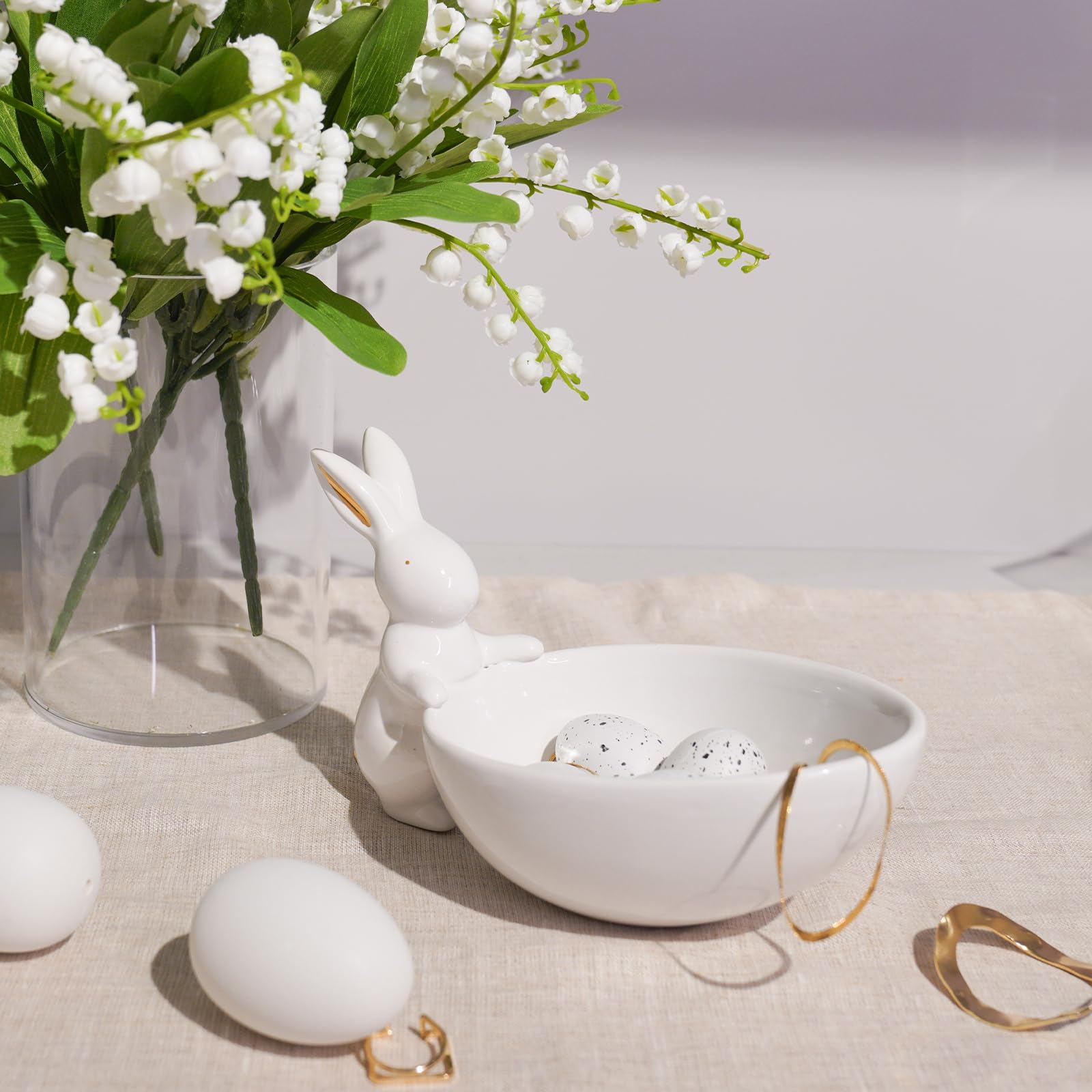 Easter Bunny Ceramic Candy Dish Bowl - 7 Inch White Rabbit Snack Serving Tray for Easter Decorations, Nuts & Treats - Farmhouse Home Decor by Newman House Studio - Perfect for Easter Parties, Holiday Table Settings & Spring Home Décor