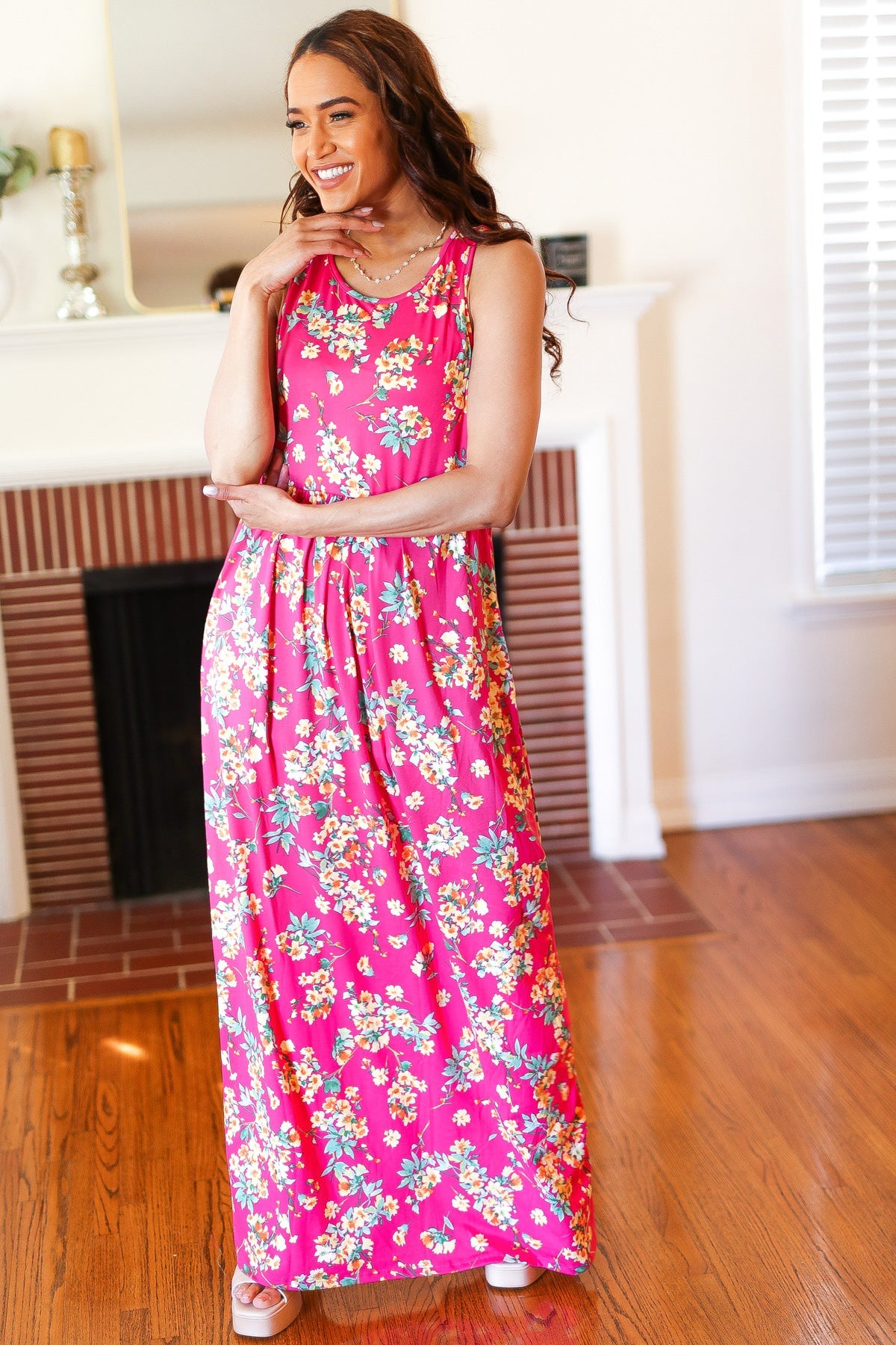 Elegant Pink Floral Print Fit and Flare Sleeveless Maxi Dress for Women | Summer Beach Wedding Party Dress | Perfect for Vacations, Date Nights & Special Occasions