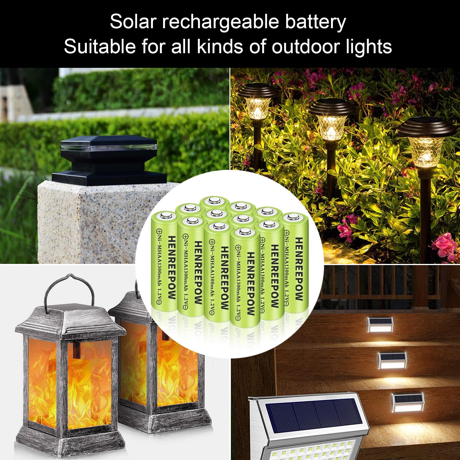 Henreepow Ni-MH AA Rechargeable Batteries 12-Pack - 1.2V 1300mAh High Capacity Double A Batteries for Solar Lights, String Lights, Pathway Lights - Perfect for Garden Landscaping, Outdoor Lighting & Home Decor