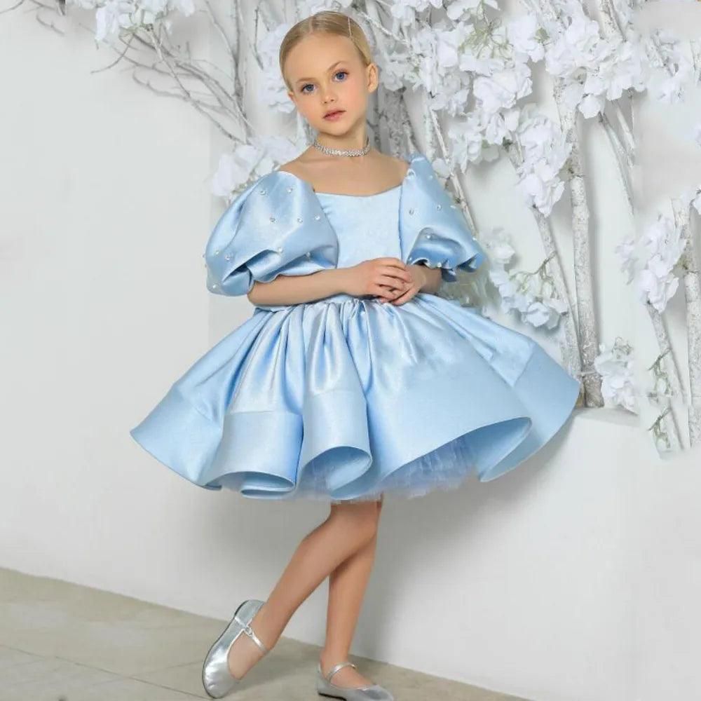 Elegant Scoop Neck Puff Skirt Flower Girl Dress for Weddings, Parties & Special Occasions - Floral Lace Tea-Length Formal Gown