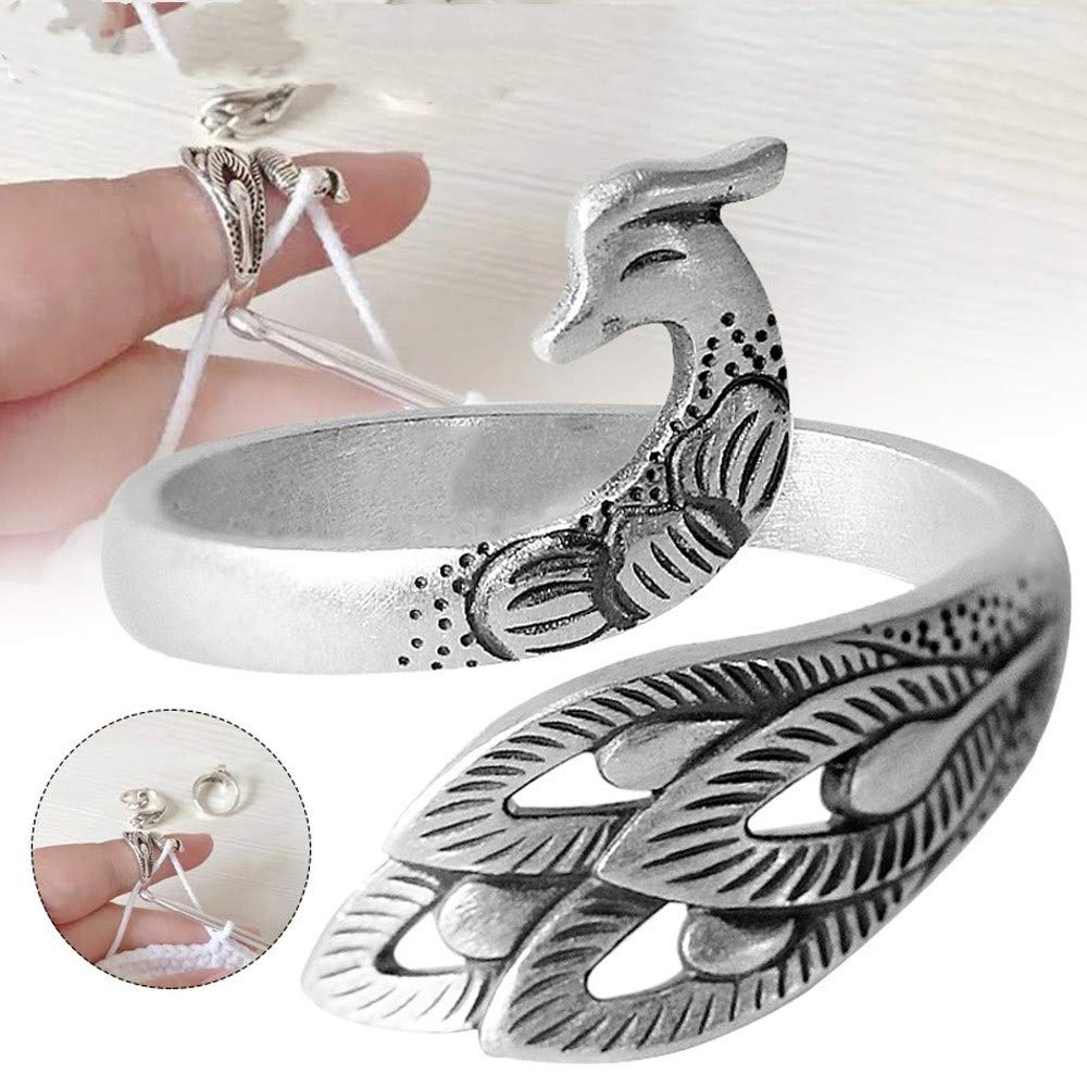 2 Pcs Adjustable Knitting Loop Crochet Loop - Peacock Shaped Finger Ring for Faster Knitting & Crocheting - Perfect for Yarn Crafts, DIY Projects, and Handmade Gifts