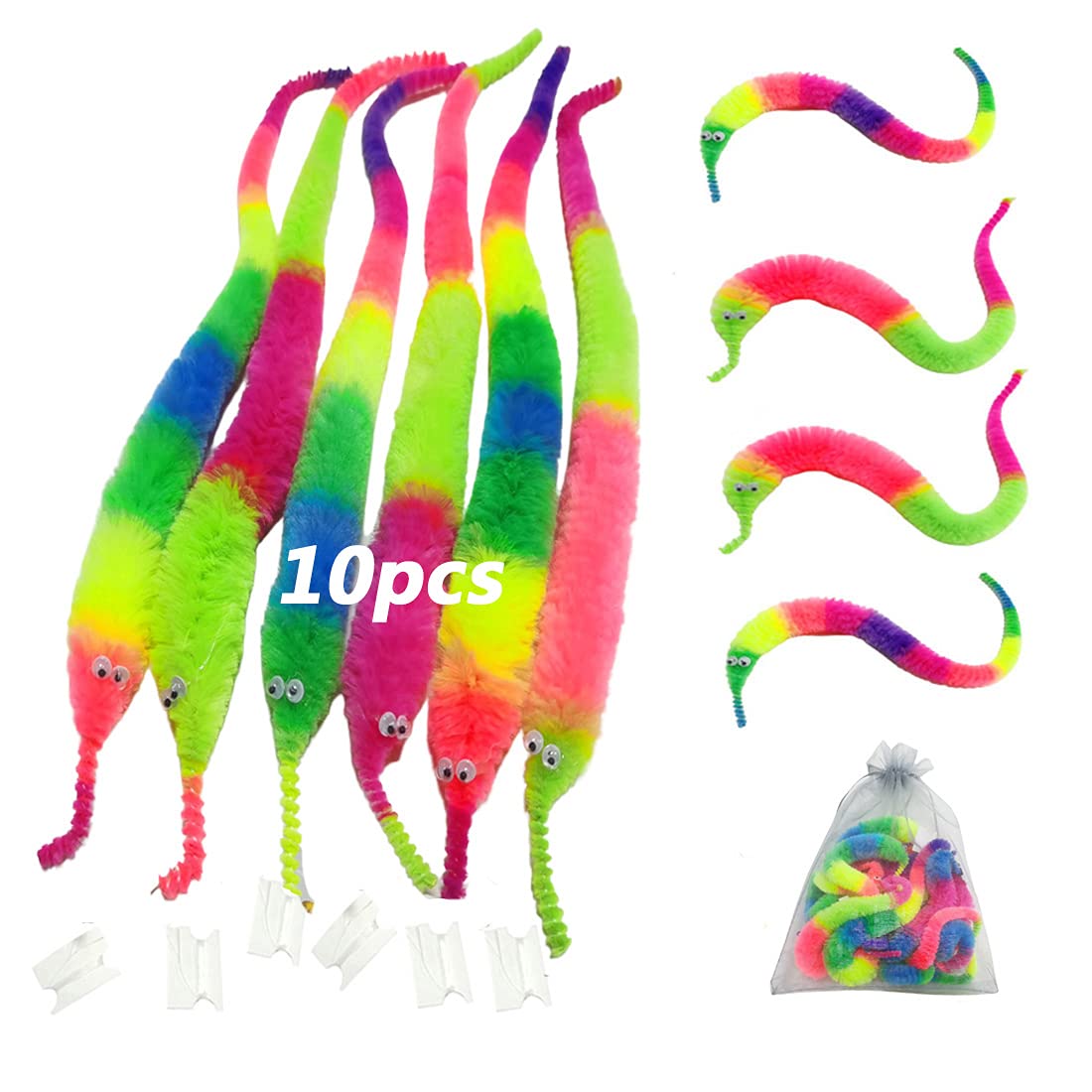 LE TOOTER 10PCS Rainbow Fuzzy Worm Toys on String - Bulk Trick Toys for Kids, Cat Play & Carnival Party Favors - Fun Sensory Play for Pets, Birthday Gifts & Classroom Rewards