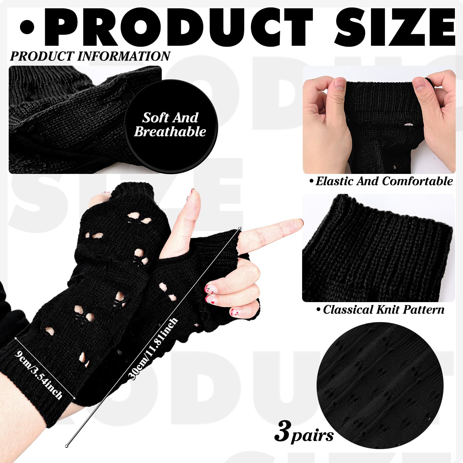 3 Pairs Y2K Arm Warmers - Fairy Grunge Fingerless Gloves, Harajuku Ripped Crochet Knitted Sleeves for Women | Gothic Fashion, Rave Outfits & Winter Layering Accessories