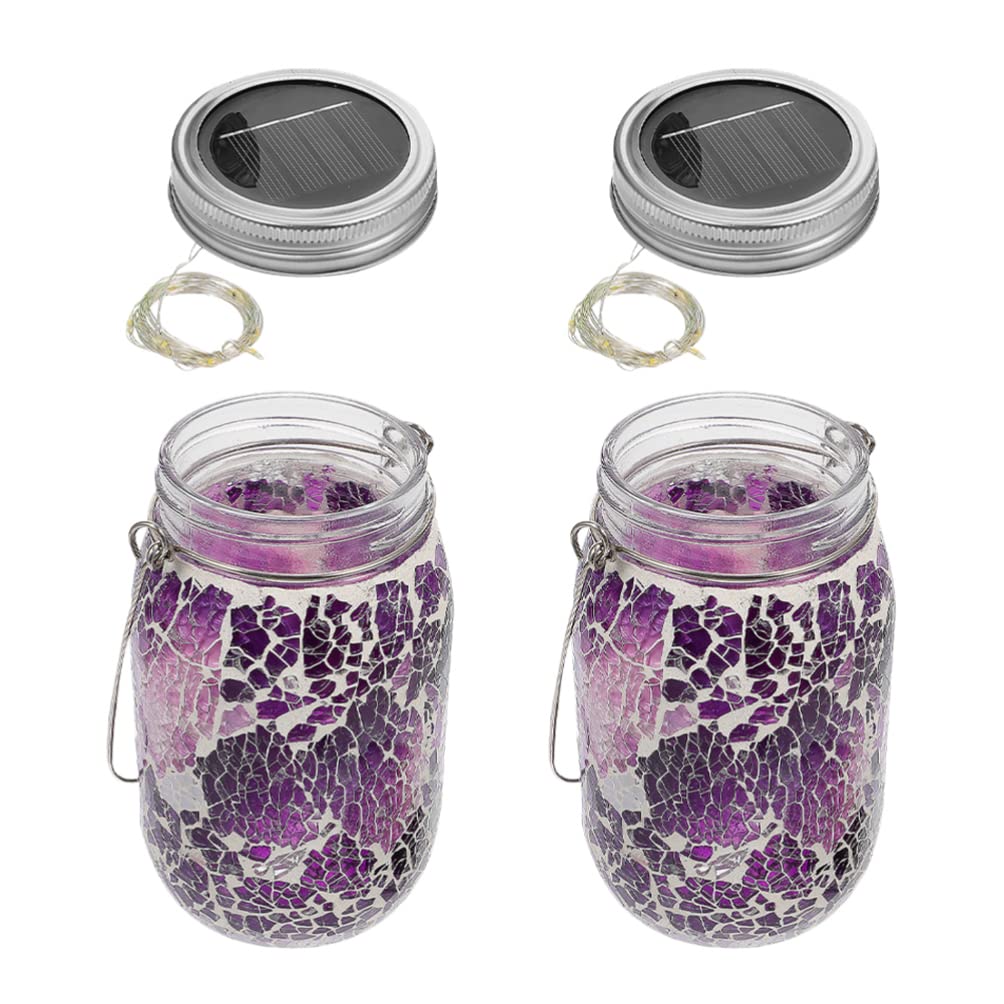 DOITOOL 2 Pack Solar Mason Jar Lights - Outdoor Hanging Waterproof Solar Lanterns for Garden, Patio, Deck - Romantic Purple Glass Jar Lights for Wedding, Christmas, Party Decorations - Perfect for Backyard, Porch & Pathway Lighting
