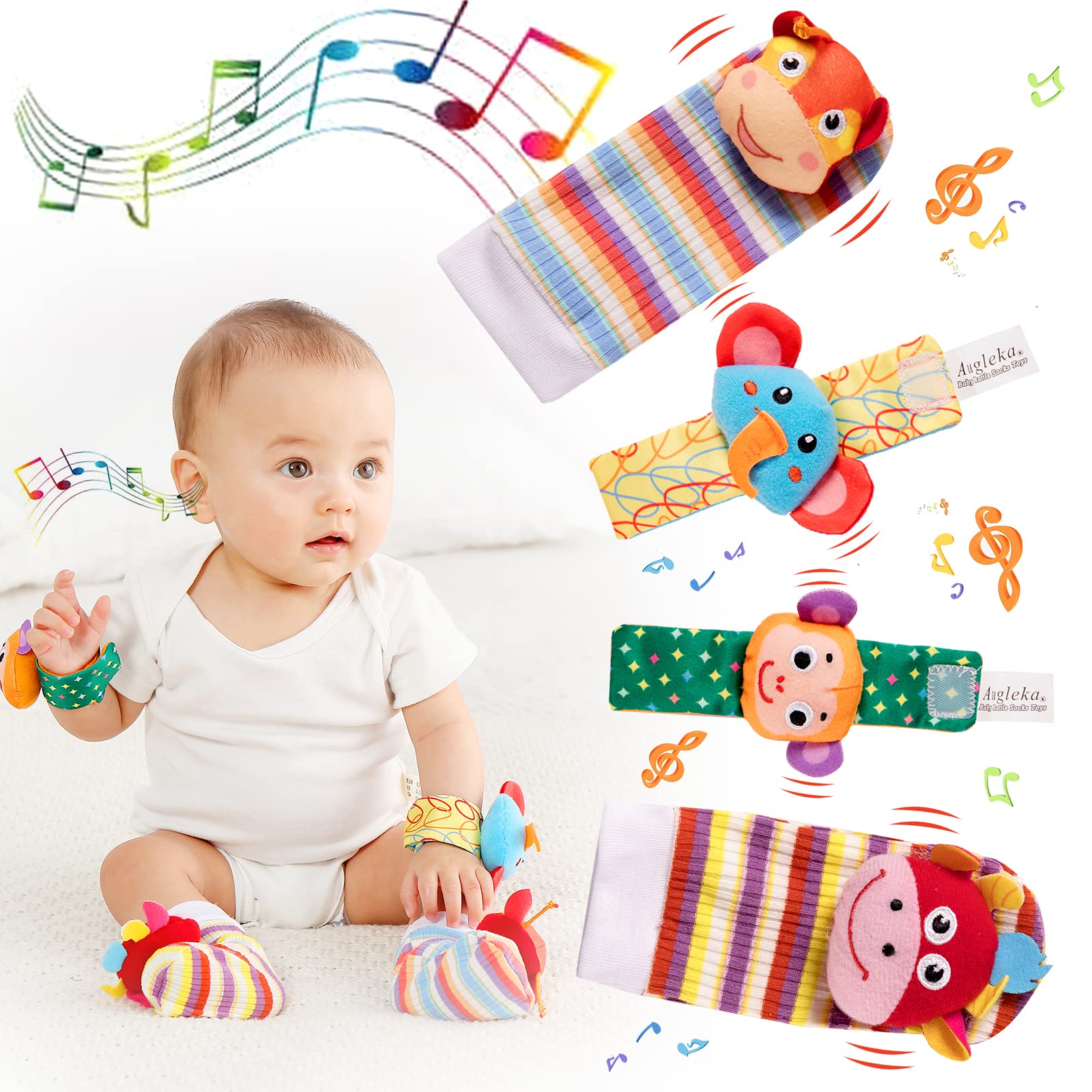 Rattle Socks Baby Toys for 0-6 Months - Soft Infant Developmental Toy with Animal Rattles for Newborn Boys & Girls - Perfect Baby Shower Gift & Easter Basket Stuffer (4-Pack) - Stimulate Senses & Encourage Early Learning During Tummy Time & Playtime