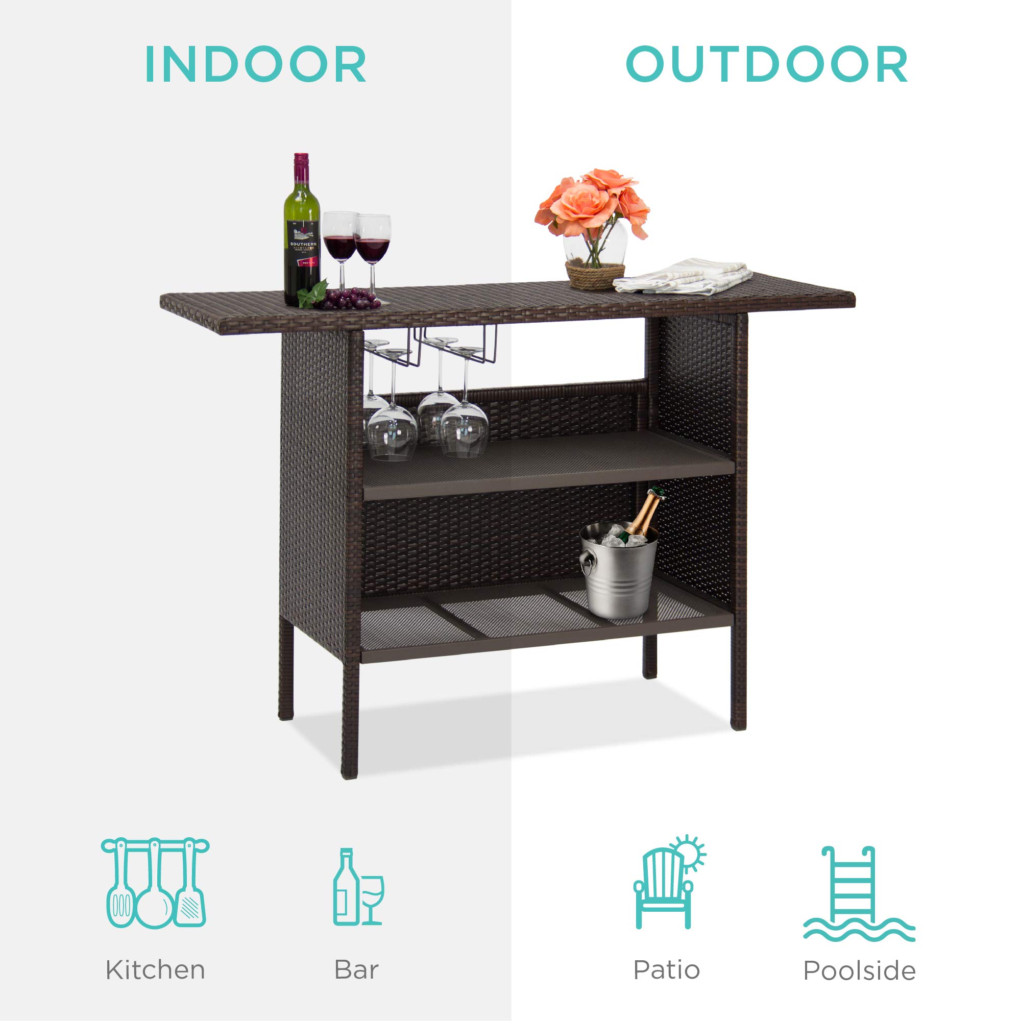 Best Choice Products Outdoor Patio Bar Table - Wicker Counter Height Table with 2 Steel Shelves & Rails - Brown Backyard Furniture for Garden, Poolside, or BBQ Entertaining