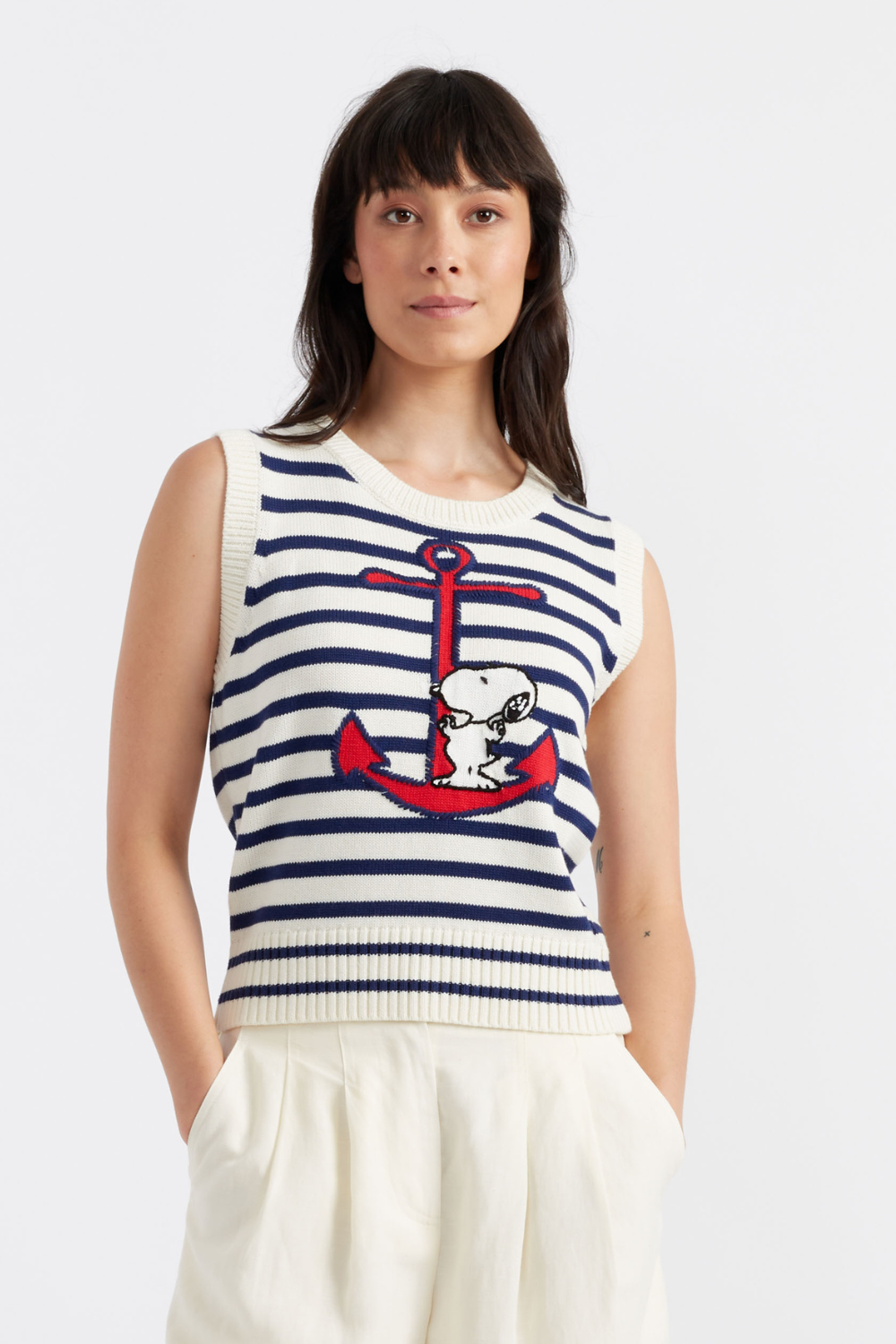 Cream Cotton Snoopy Anchor Tank Top for Women - Soft Summer Casual T-Shirt - Perfect for Beach Outings, Picnics and Everyday Wear