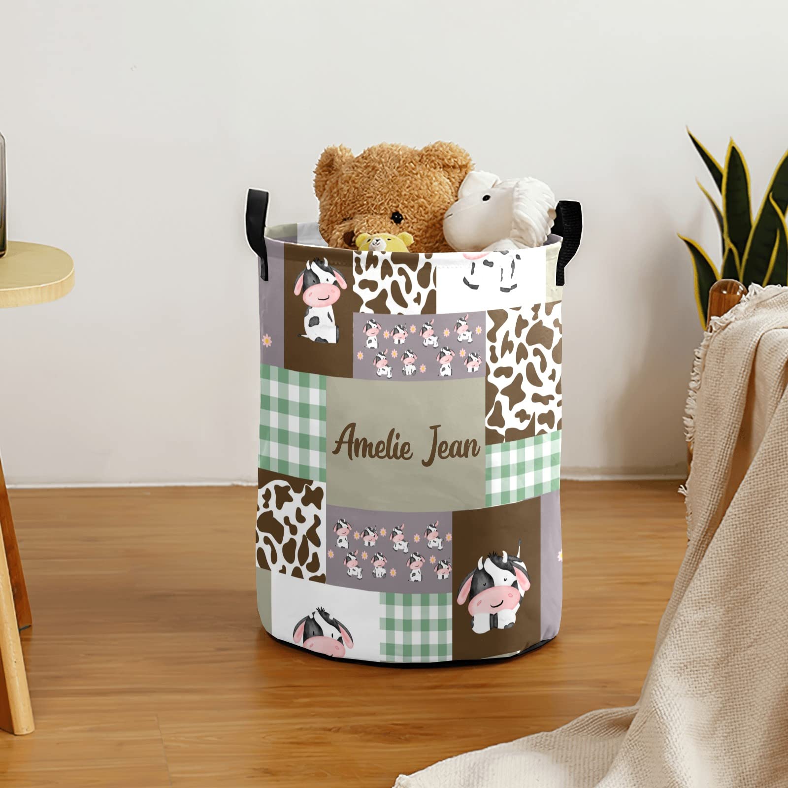 Waterproof Oxford Fabric Cow Patchwork Plaid Storage Bin - Laundry Hamper, Toy Organizer, Nursery Clothes Basket for Bedroom & Baby Room | Perfect for Home Organization & Gift Baskets