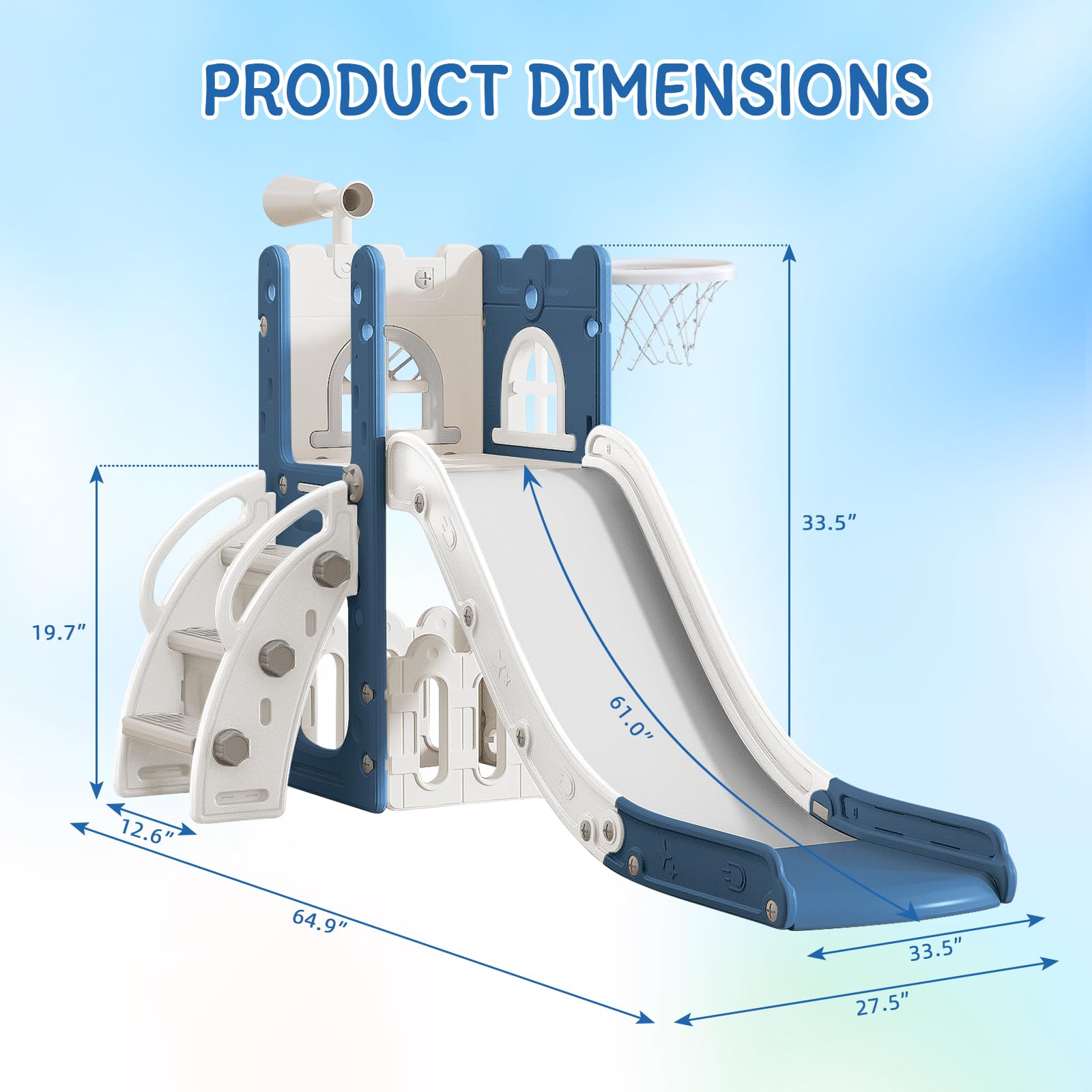 MOCUTEEN 6-in-1 Toddler Slide & Playset - Indoor/Outdoor Baby Playground with Basketball Hoop, Storage Bin & Telescope - Climbing Toys for Kids Ages 1-3 - Perfect for Backyard, Park & Daycare Play Areas