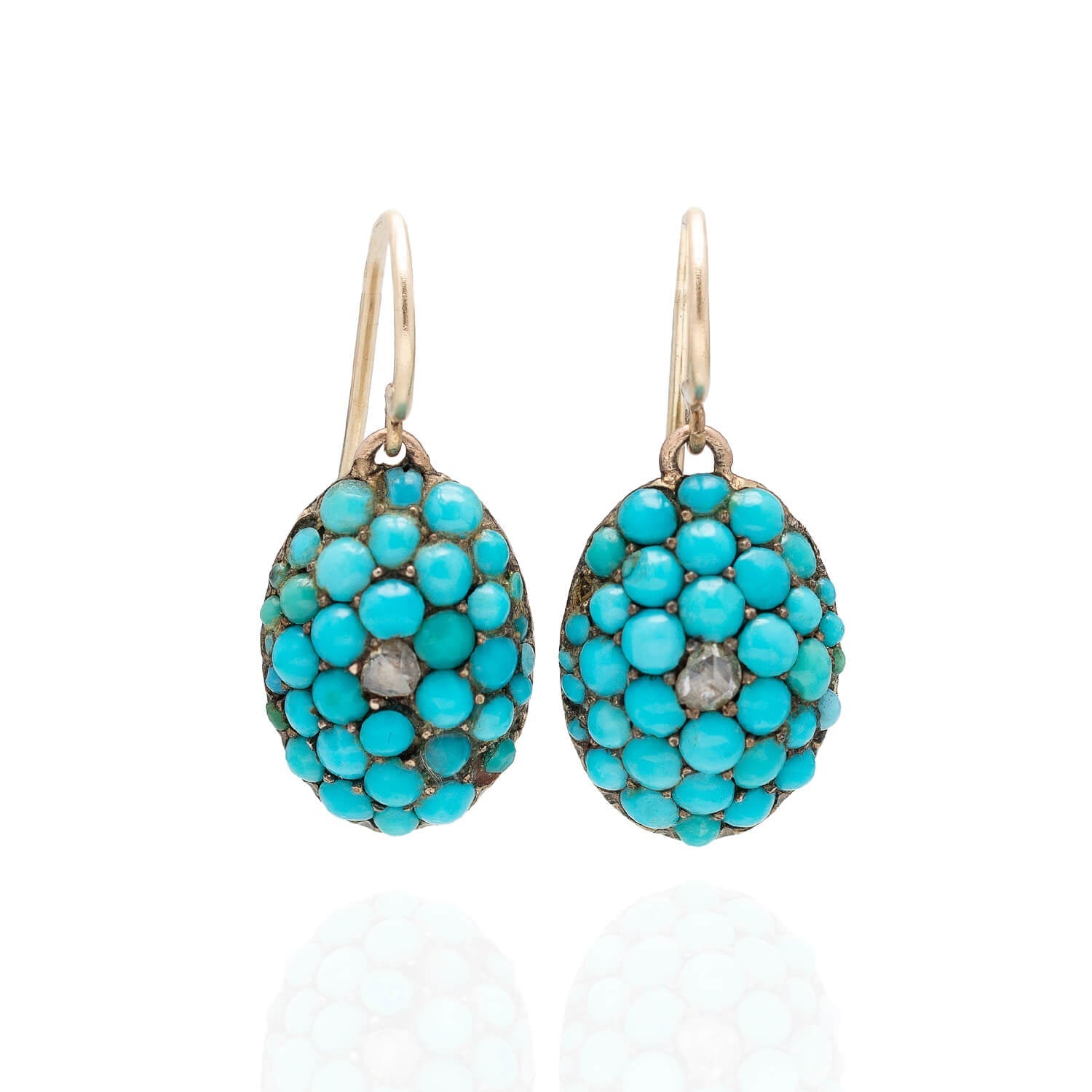 Victorian Style 14K Gold Persian Turquoise and Rose Cut Diamond Earrings - Elegant Vintage Jewelry for Weddings, Parties & Special Occasions