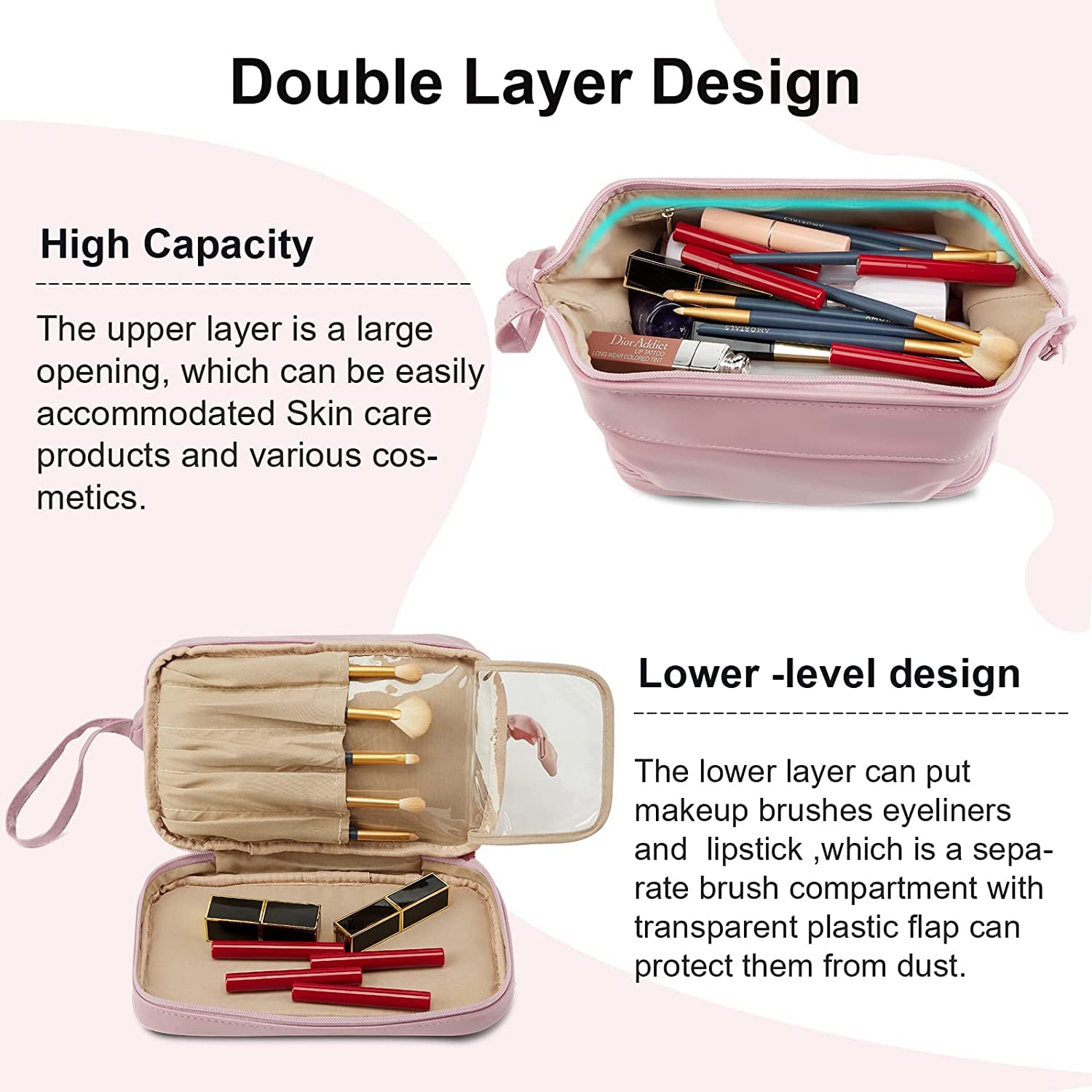 Whixant Large Waterproof PU Leather Makeup Bag - Double Layer Travel Cosmetic Organizer with Zipper for Women & Girls (Multicolor) | Perfect for Travel, Gym, Daily Use & Makeup Storage