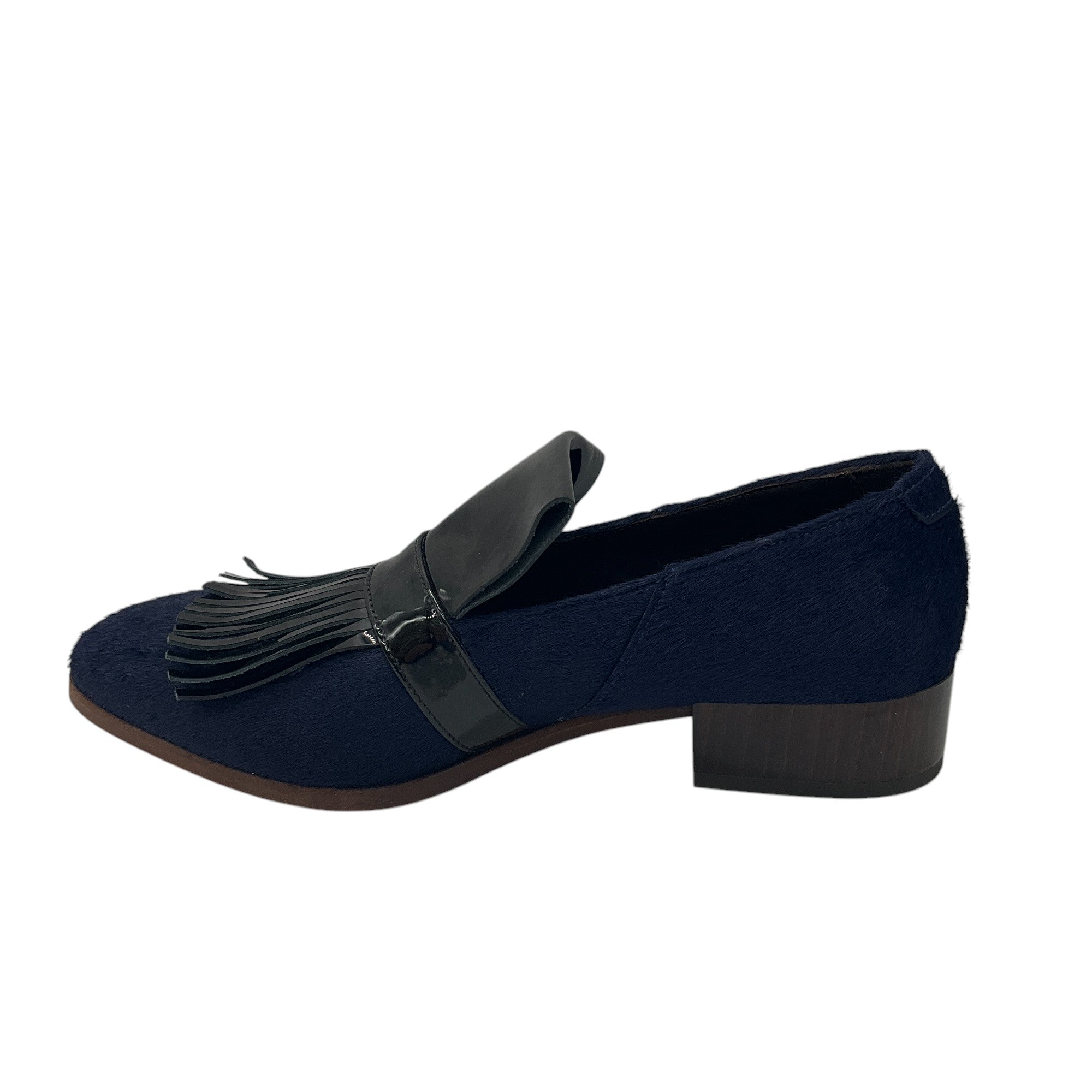 Billy Reid Navy Blue & Black Patent Leather Fringed Calf Hair Loafers - Stylish Men's Dress Shoes for Business & Casual Wear