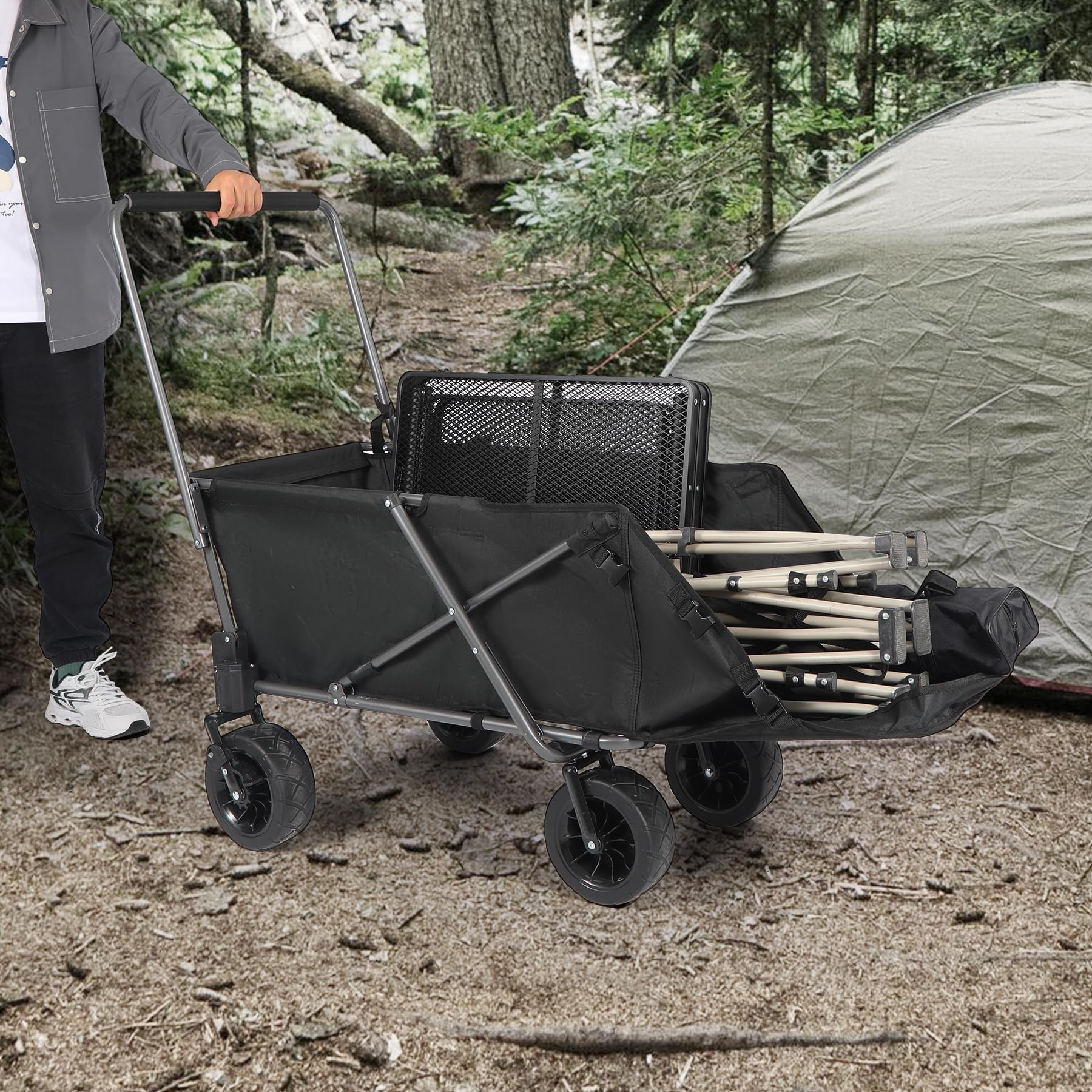 **REDCAMP Heavy Duty Folding Dog Wagon Cart - 220L Large Collapsible Utility Cart with Extendable Rear Tailgate for Pets, Sports & Shopping - Black | Perfect for Outdoor Adventures, Beach Trips & Grocery Hauling**