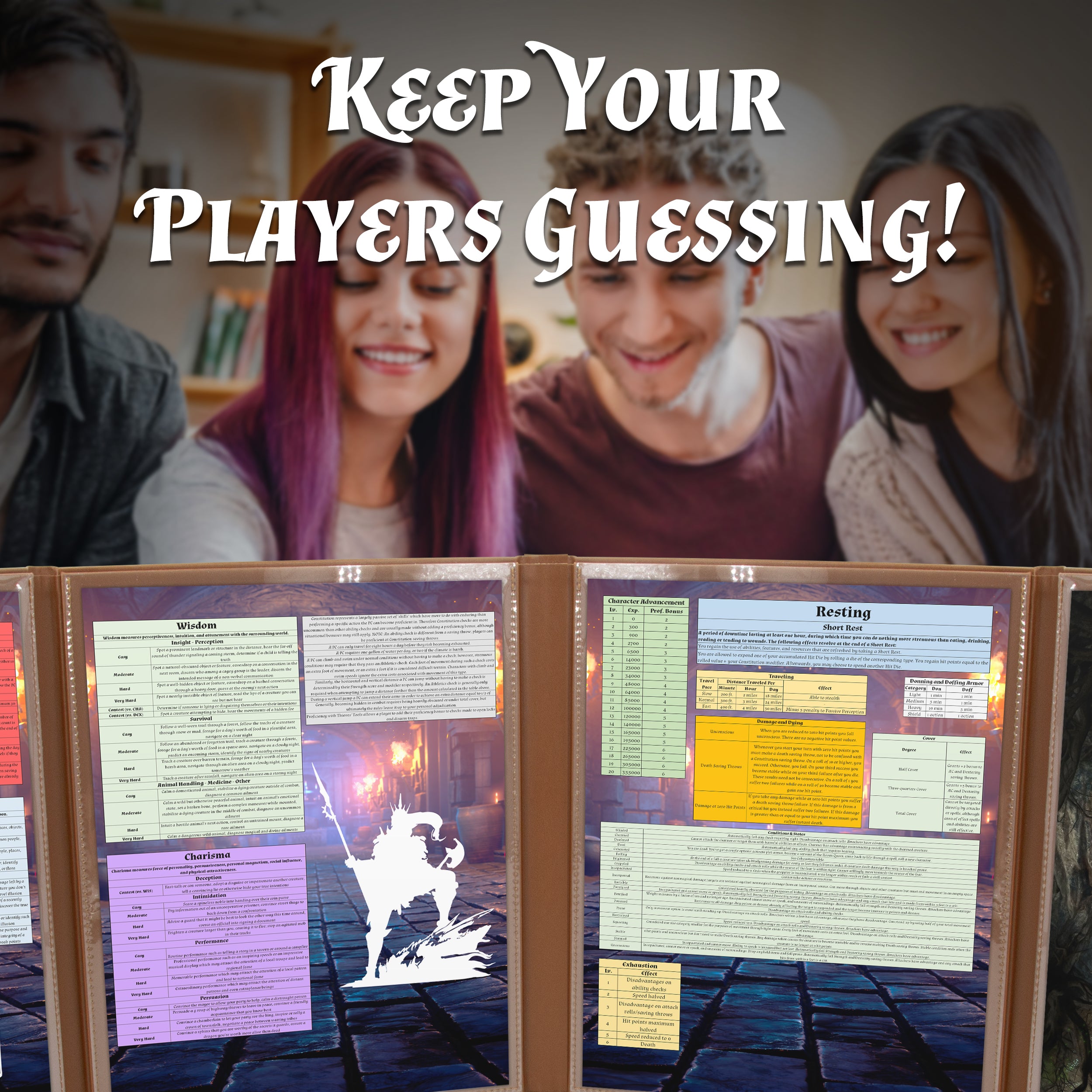 Faux Leather 4-Panel DM Screen with Wet Erase Pockets - Embossed Folding Game Master Screen for Dungeons & Dragons RPG - Black/Brown (Inserts Not Included) - Perfect for Tabletop Gaming Sessions & RPG Campaigns
