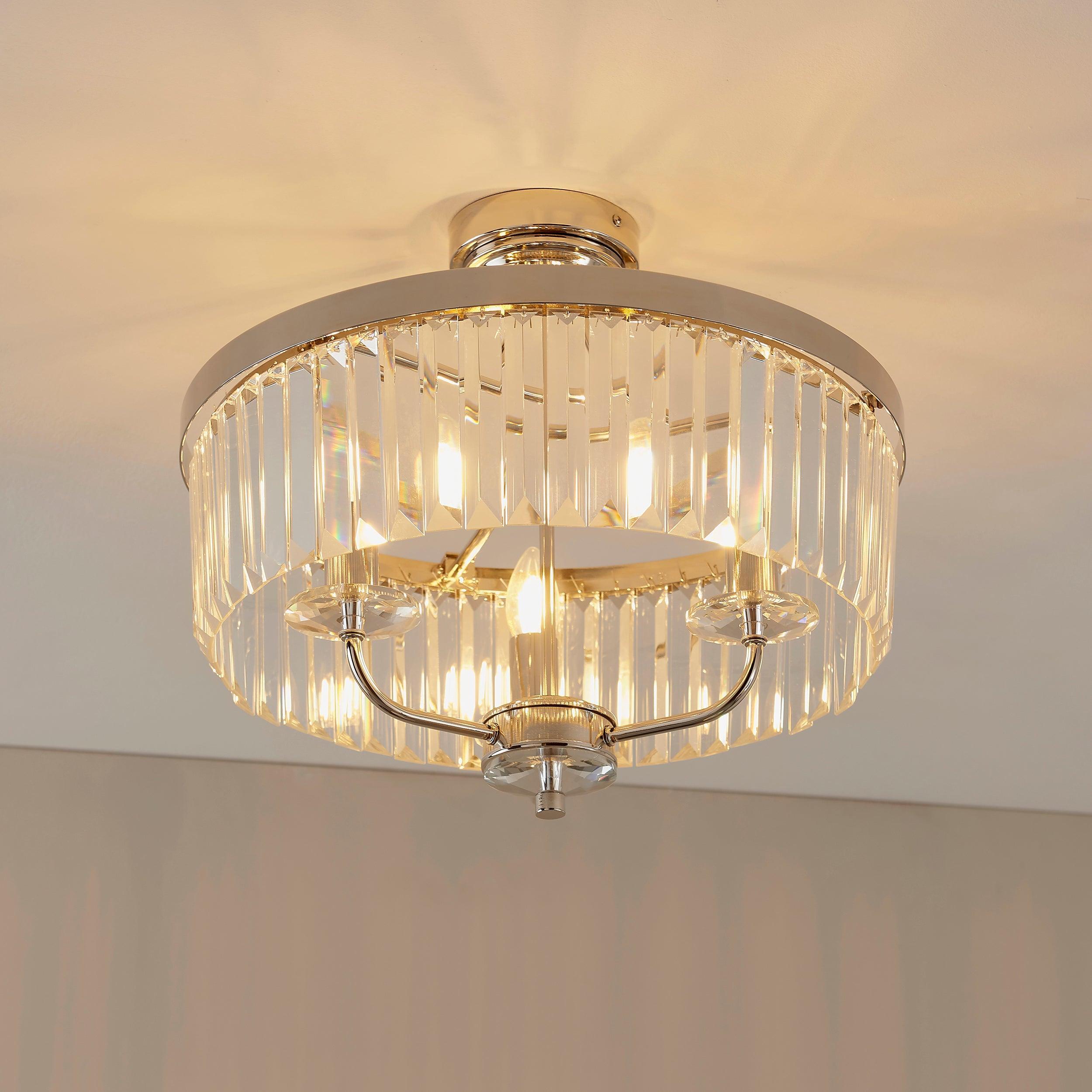 Ealing 3-Light Round Semi Flush Mount Ceiling Light Fixture - Brushed Nickel & Clear Cut Glass - Perfect for Dining Room, Bedroom, or Hallway Lighting