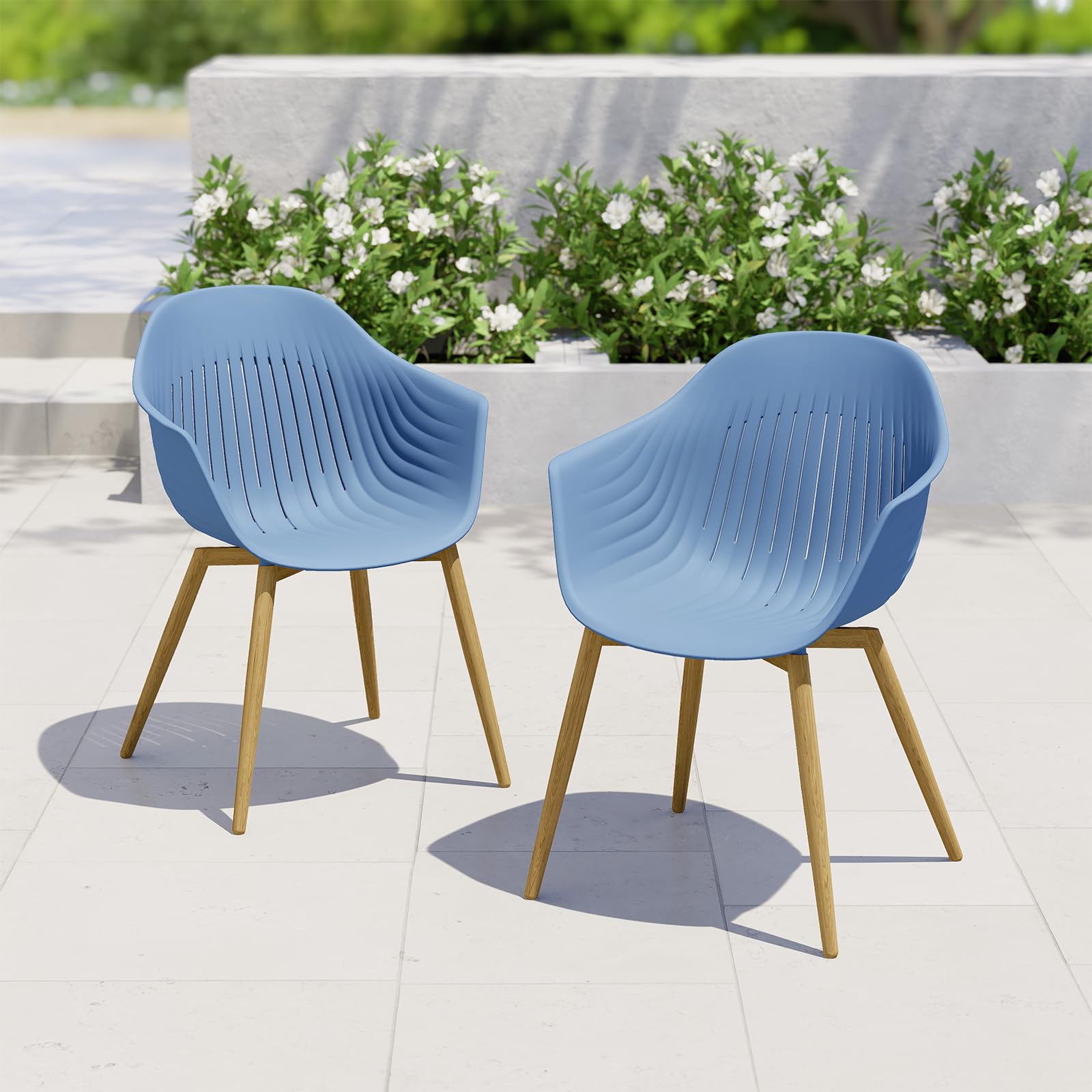 Modern Outdoor Dining Chairs Set of 2 - Recycled Plastic Patio Chairs with Rust-Free Metal Frame & Woodgrain Legs - Whale Design for Backyard, Garden, Poolside or Restaurant Use (Blue)