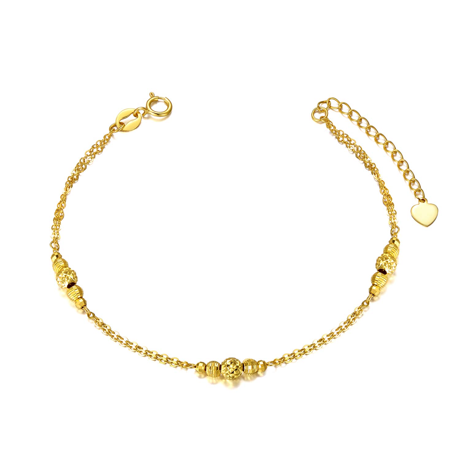 18K Solid Gold Bracelet for Women - Dainty Gold Double Chain Bracelet with Diamond Cut Beads - Elegant Anniversary Jewelry Gift for Wife, Mom, Girlfriend - 7