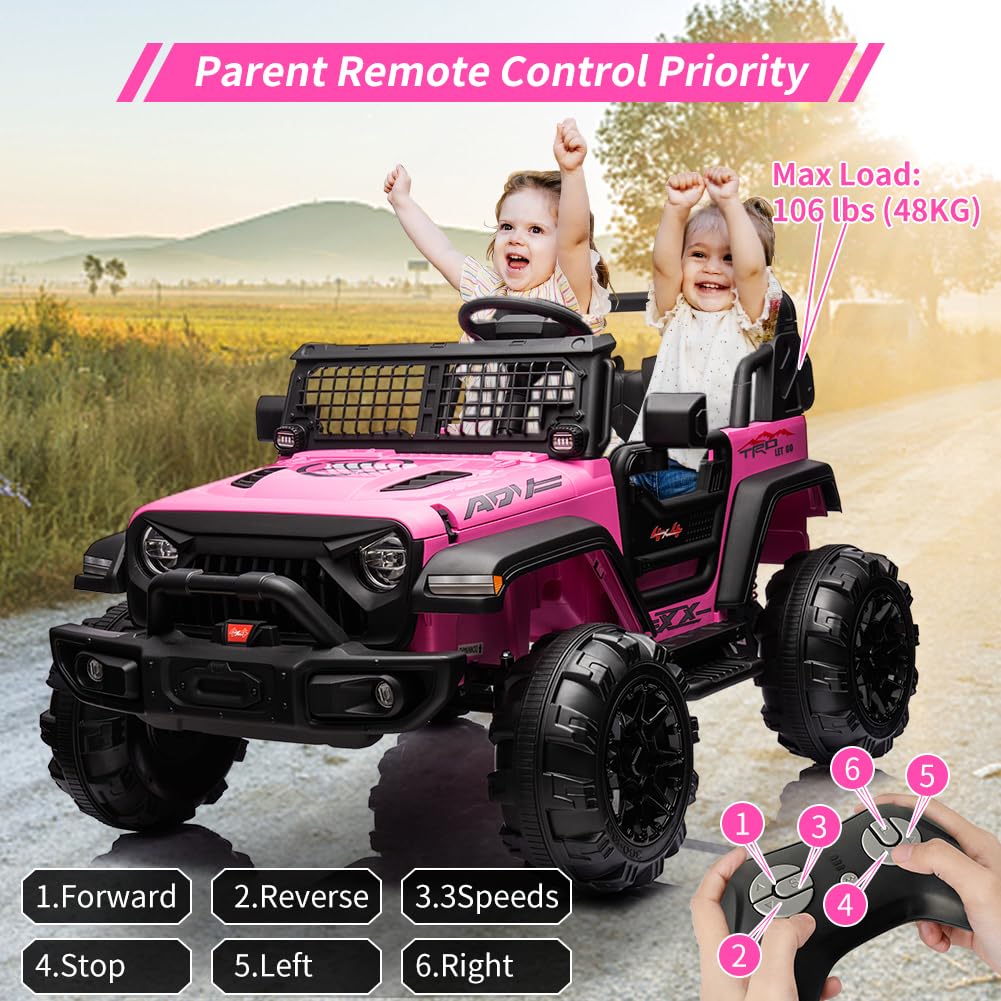 GARVEE 24V Electric Ride On Truck for Kids - 2 Seater Remote Control Car with LED Lights, Music & Horn | Large Storage Space & Cup Holder | Pink Toddler Toy Vehicle for Ages 3-8 | Perfect for Outdoor Play, Birthday Gifts & Family Fun