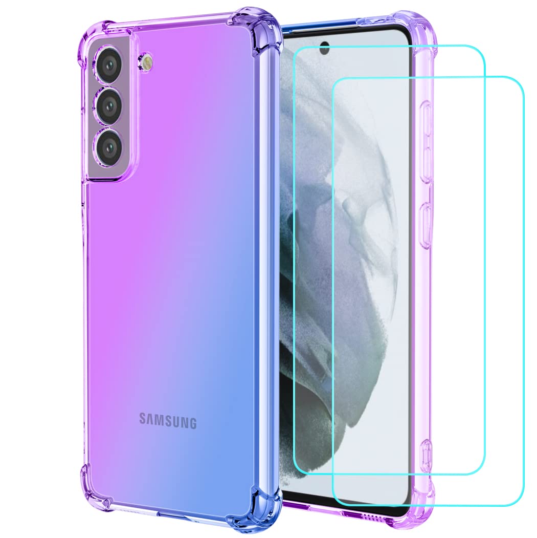 Premium Shockproof Samsung Galaxy S21 FE Case with [2 Pack] Tempered Glass Screen Protector - Slim Clear Gradient TPU Protective Cover for Galaxy S21 FE (Purple/Blue) | Perfect for Everyday Protection, Work & Outdoor Activities
