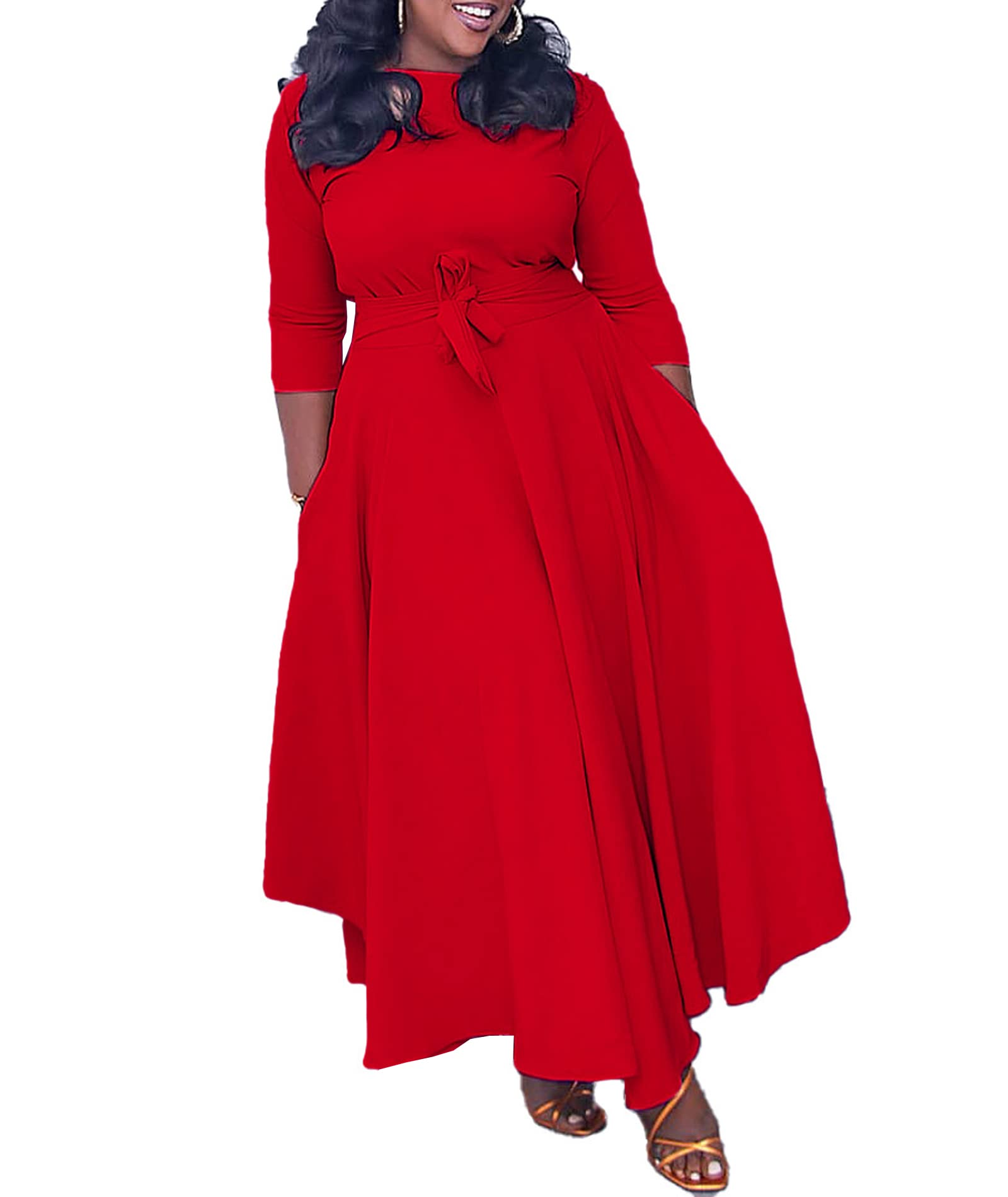 SEMATOMALA Women's A-Line Maxi Dress with Self-Tie Waist - Round Neck 3/4 Sleeve High Waist Flowy Swing Dress - Plus Size Long Dresses for Summer Beach, Wedding Guest & Casual Wear