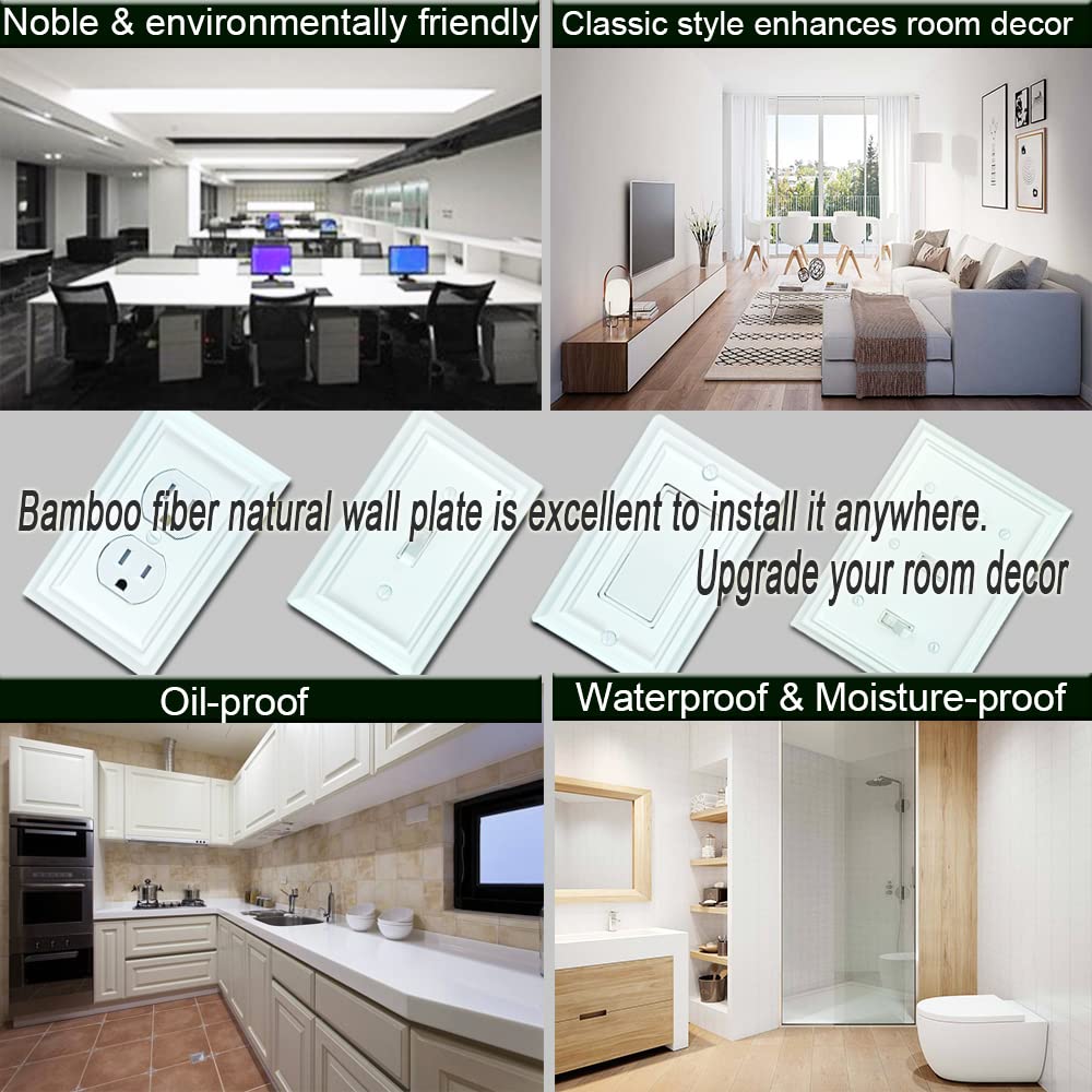 Bamboo Fiber Wall Plates - Standard Size 1 Gang Decorator Outlet Covers & Light Switch Plates (4-Pack, White) - Durable & Eco-Friendly for Living Room, Bedroom, Office Decor