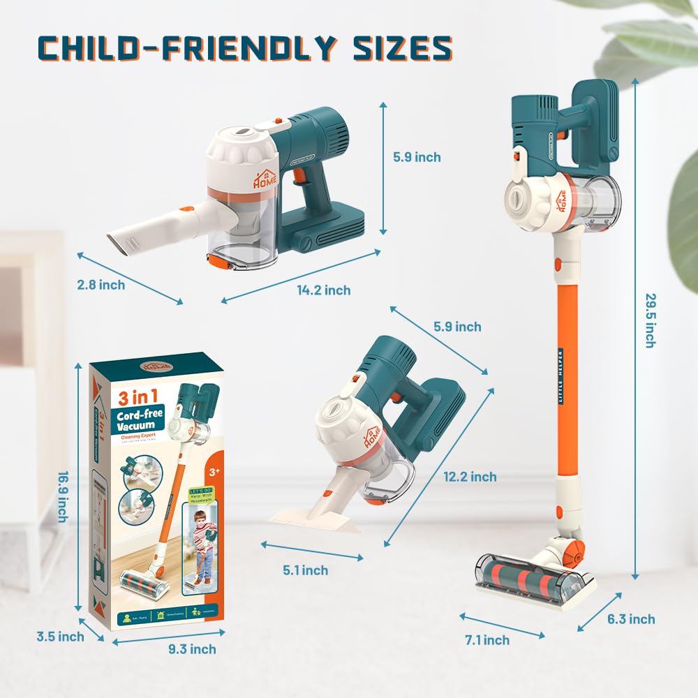 3-in-1 Kids Vacuum Cleaner Toy Set with Real Suction - Functional Toddler Cleaning Toy for Ages 3+ - Pretend Play Housekeeping Set for Early Childhood Development & Role Play Fun