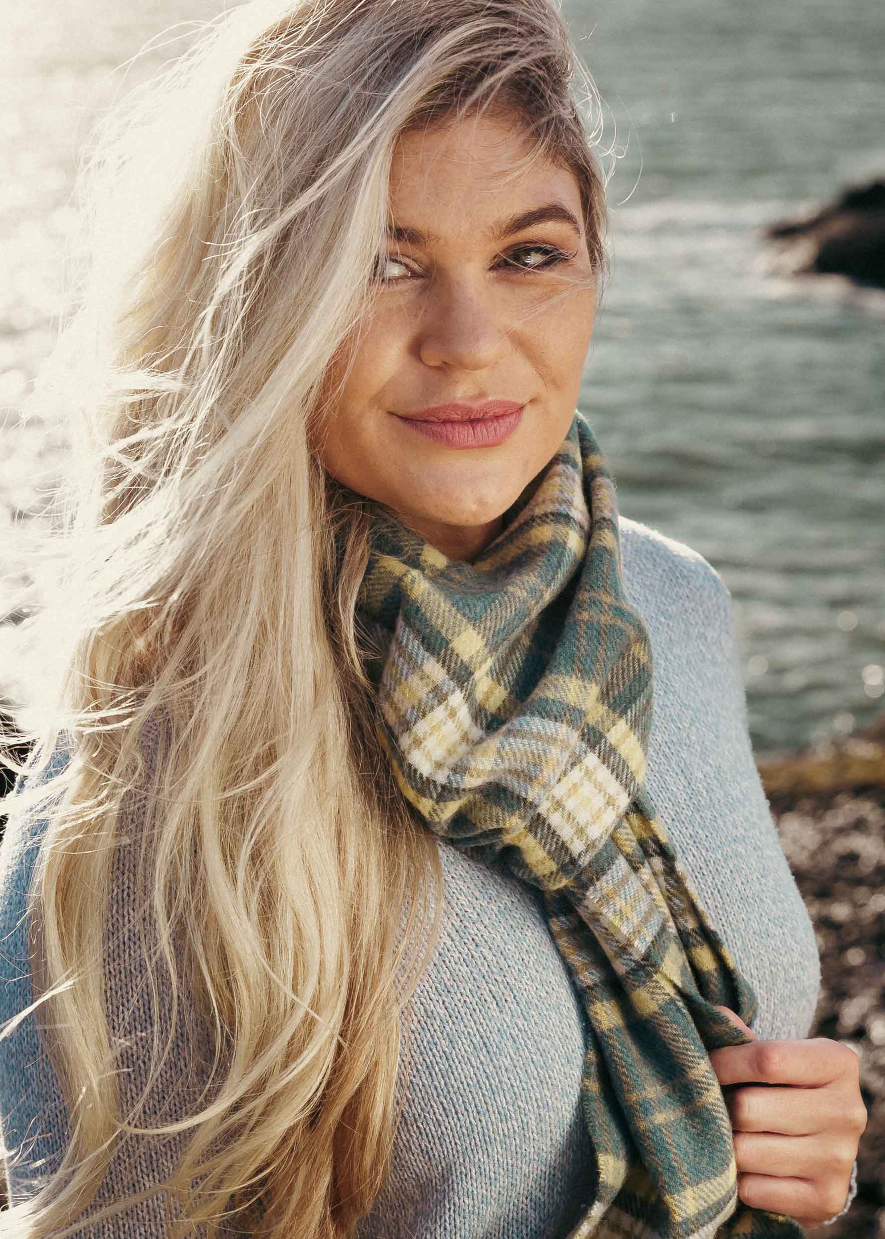John Hanly Yellow Green Mix Check Scarf - Soft Plaid Wool Scarf for Men & Women - Perfect for Winter Fashion, Outdoor Activities & Gift Giving