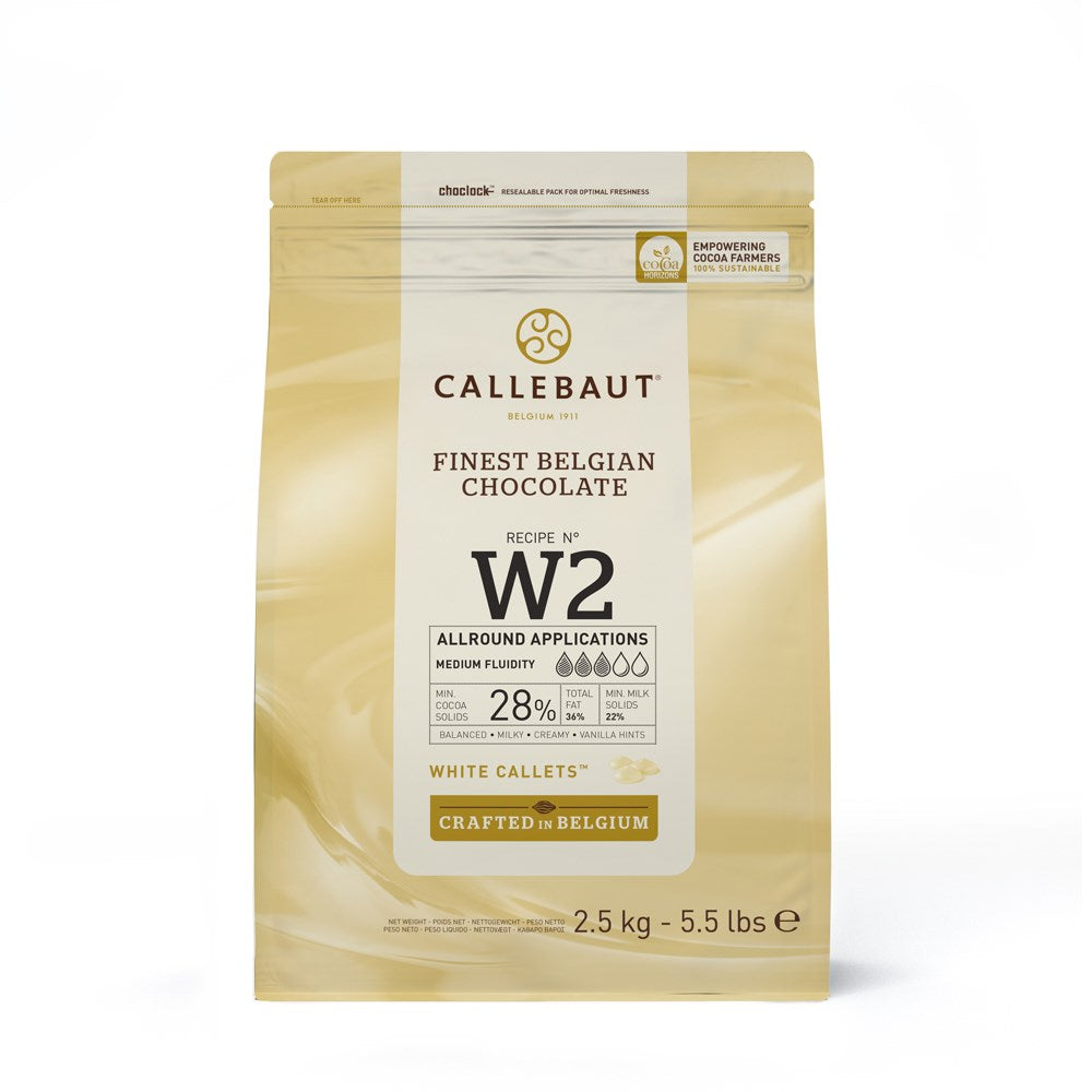 Callebaut W2 White Couverture Chocolate 2.5kg (5.5 lb) Bulk Bag - Premium Baking Chocolate for Pastries, Desserts & Professional Use