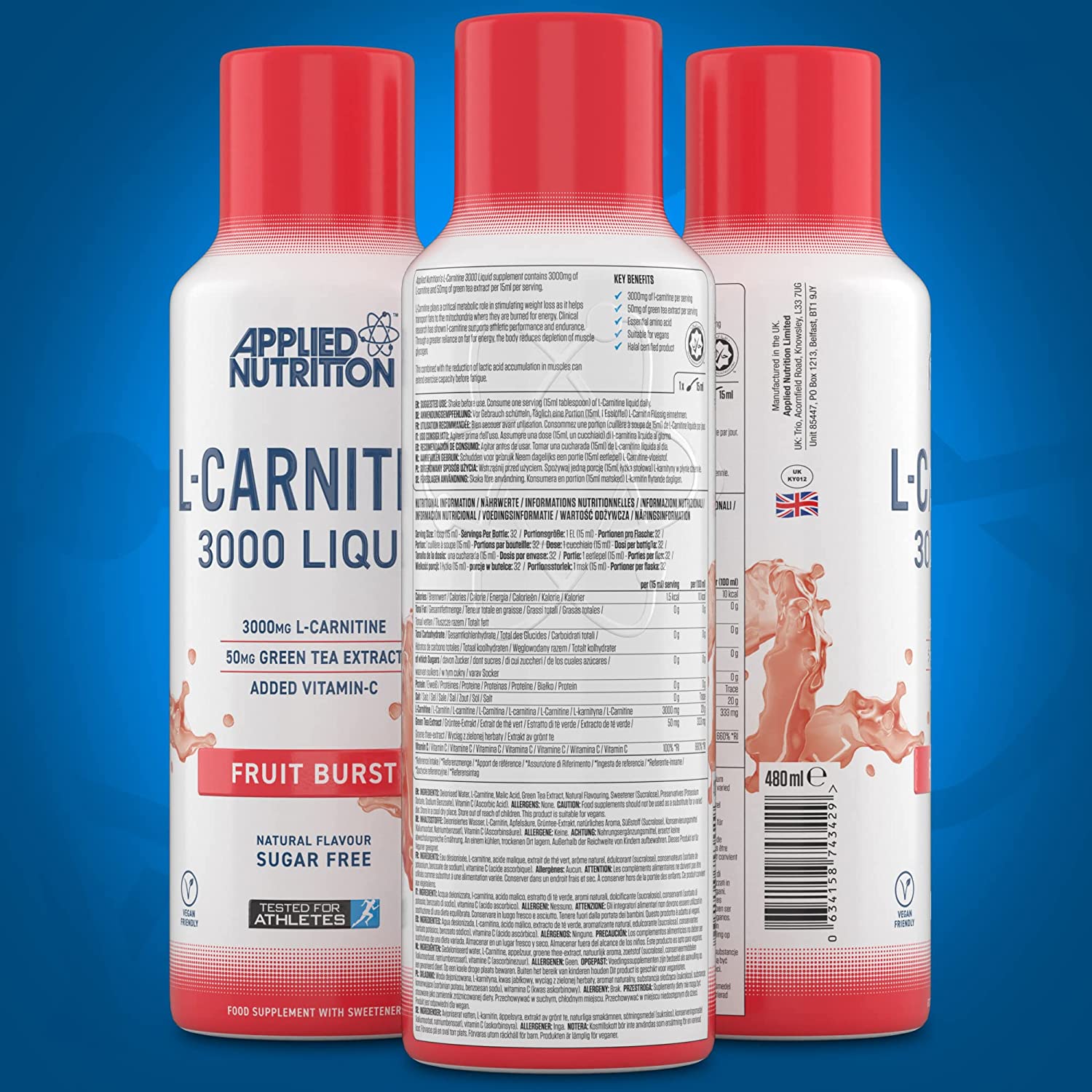 Applied Nutrition L Carnitine 3000 Liquid Supplement - 480ml Bottle for Weight Loss & Energy Boost | Pre-Workout & Post-Workout Recovery