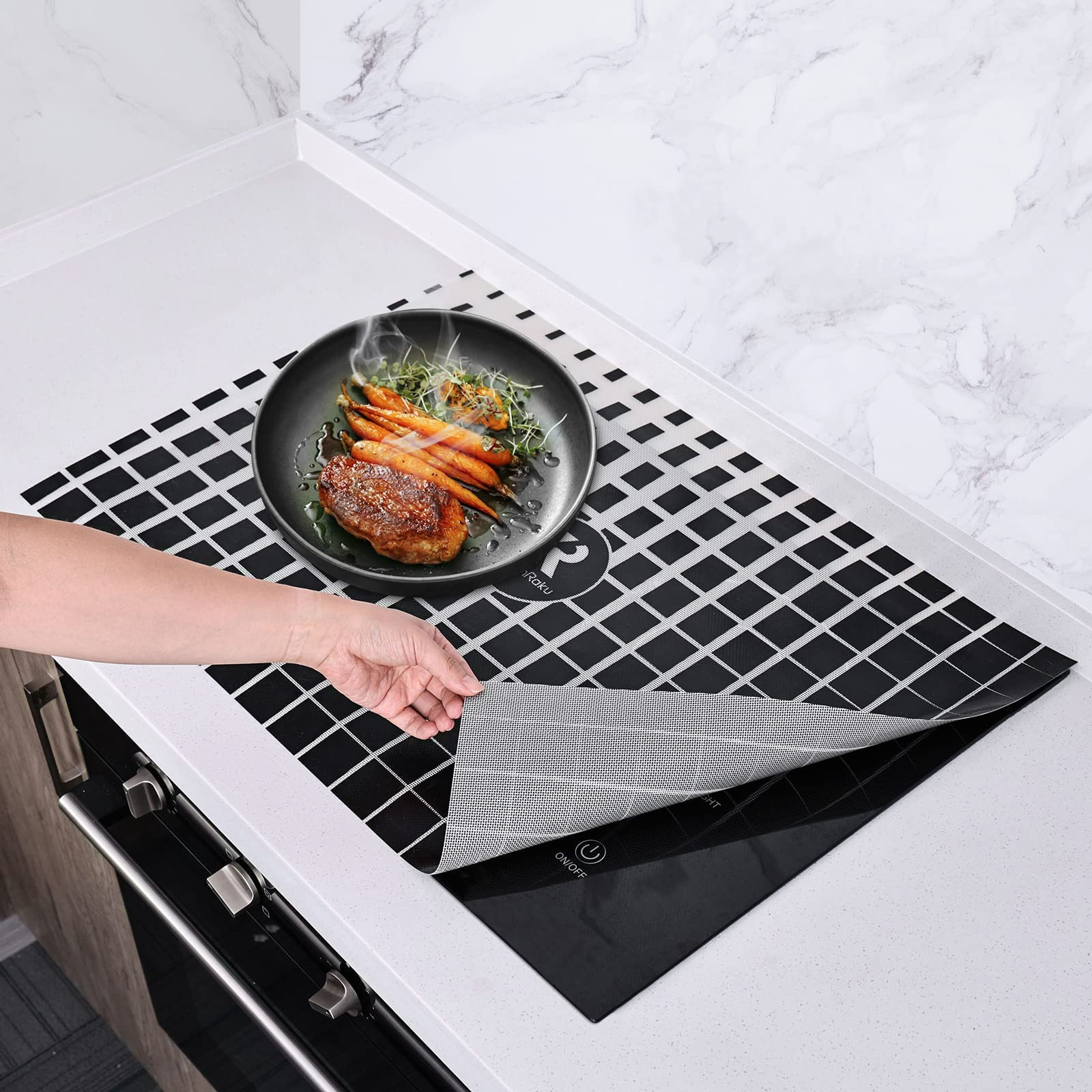 Magnetic Silicone Induction Hob Protector Mat 61x53cm - Large Checkered Non-Slip Cooktop Cover for Electric & Induction Stoves - Scratch Resistant Kitchen Mat by KitchenRaku - Perfect for Cooking, Baking & Food Prep