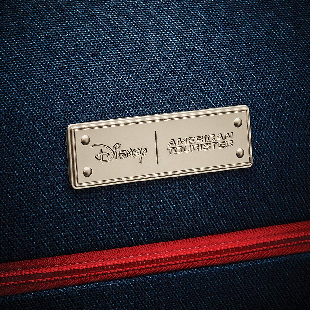 American Tourister Disney Minnie Mouse Denim 21-Inch Carry-On Spinner Luggage - Lightweight Softside Suitcase for Travel, Vacation & Business Trips