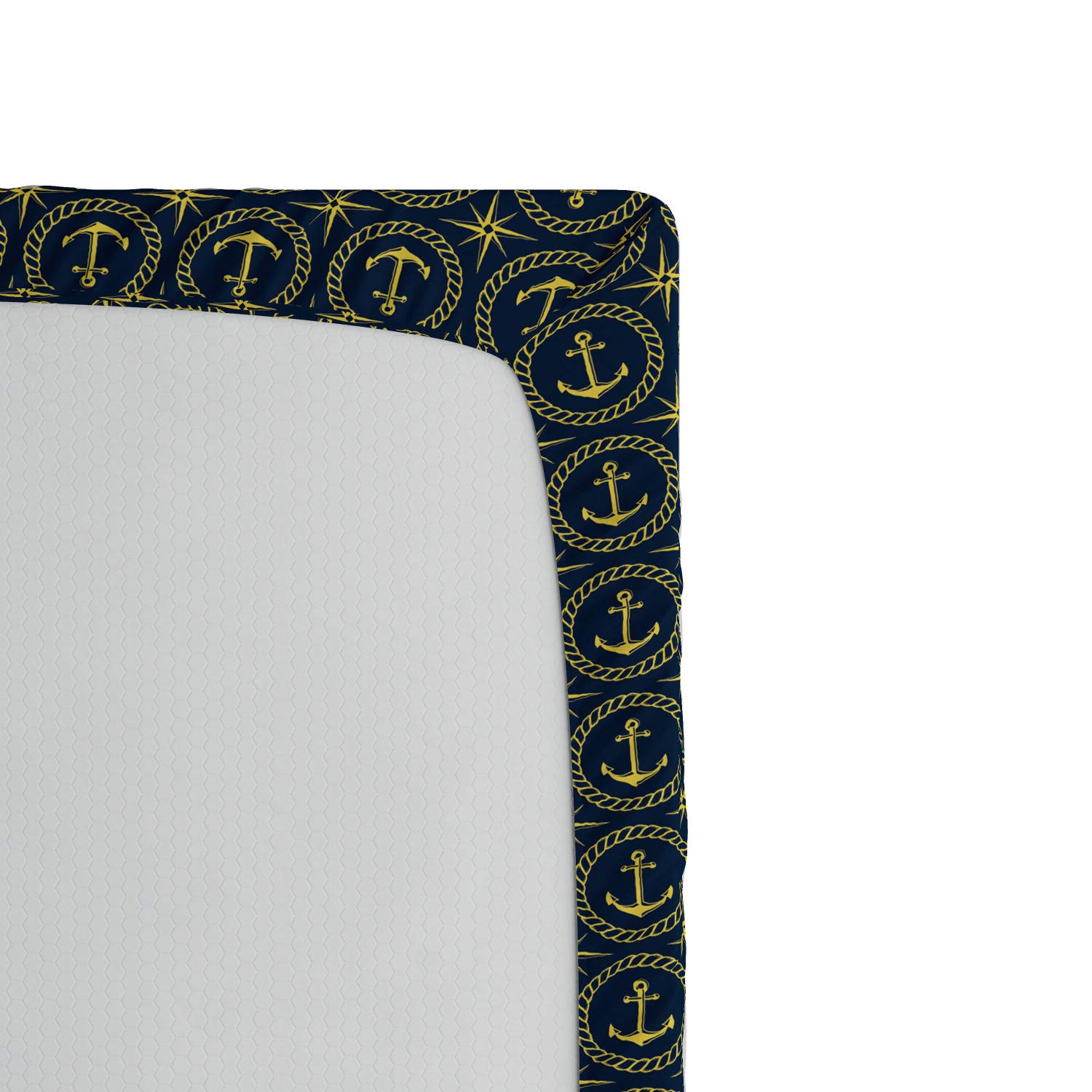 Ambesonne Anchor Fitted Sheet - Abstract Cruise Ship & Windrose Nautical Pattern - Deep Pocket Elastic Bed Cover for Twin Size (Indigo/Yellow) - Perfect for Cruise Lovers, Nautical Themed Bedrooms & Travel Enthusiasts