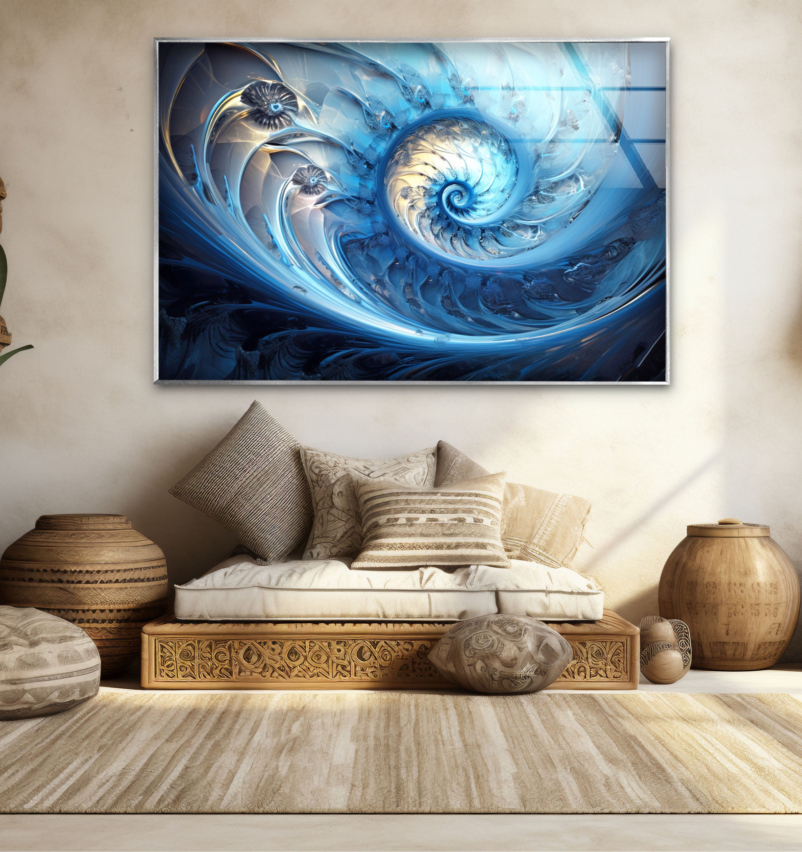 Blue Fractal Spiral Wall Art - Abstract Nautilus Glass Print for Modern Living Room & Office Decor | Perfect for Contemporary Home & Workspace Interiors