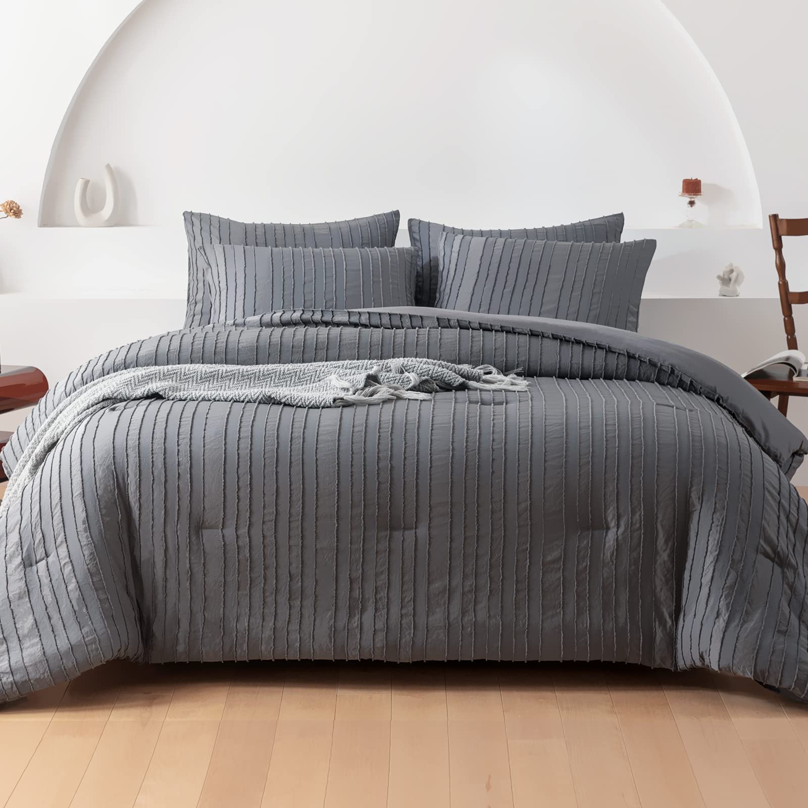 WARMDERN Gray Twin Size Comforter Set - Soft Microfiber Tufted Boho Striped Bedding Collection (5-Piece) with Comforter, Sheets & Pillowcases - Lightweight Fluffy Comforter for Cozy Bedroom Decor | Perfect for Teens, Dorms & Guest Rooms
